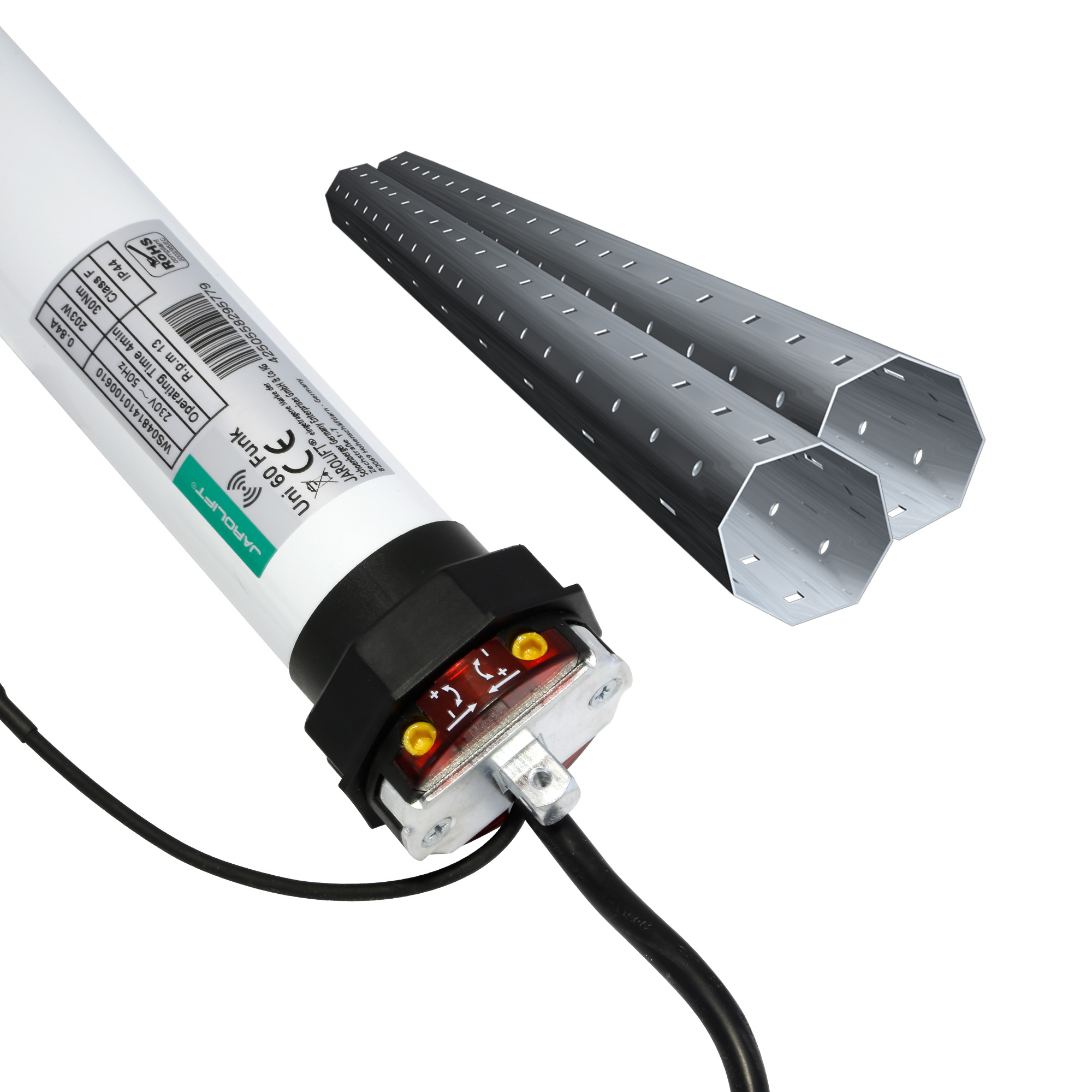 Funk-Rollladenmotor mit Kabelanschluss und zwei Metallrohren für universelle Anwendung