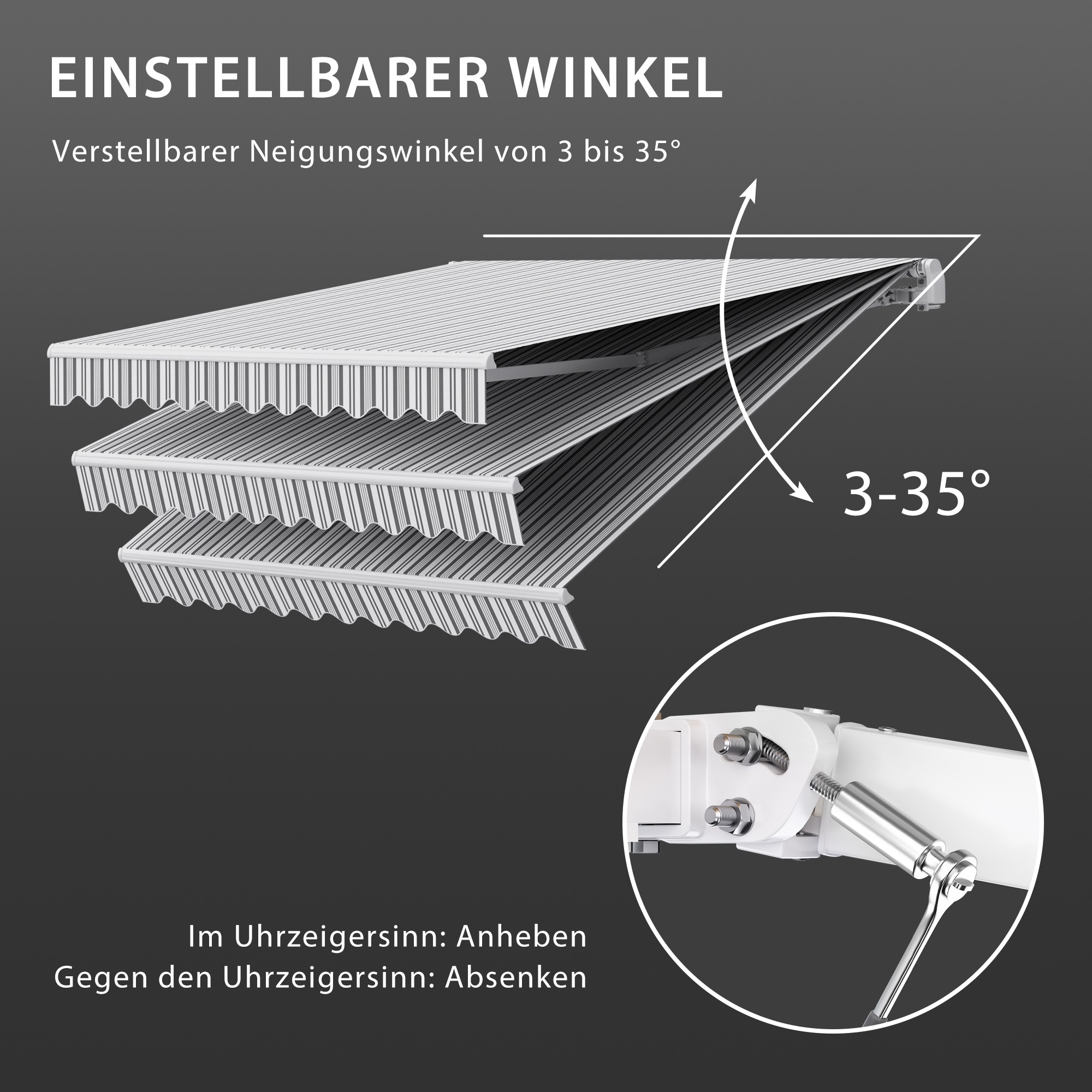 Verstellbare Markise mit Neigungswinkel von 3 bis 35 Grad, Hebelmechanismus zur Einstellung