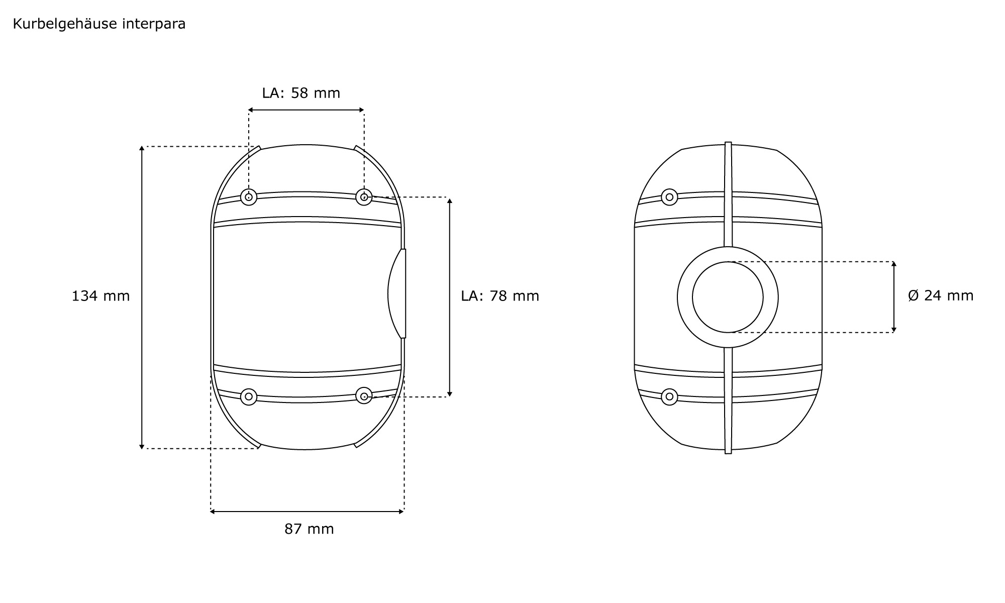 Technische Zeichnung eines Kurbelgehäuses für interpara Sonnenschirm mit Maßen und Details