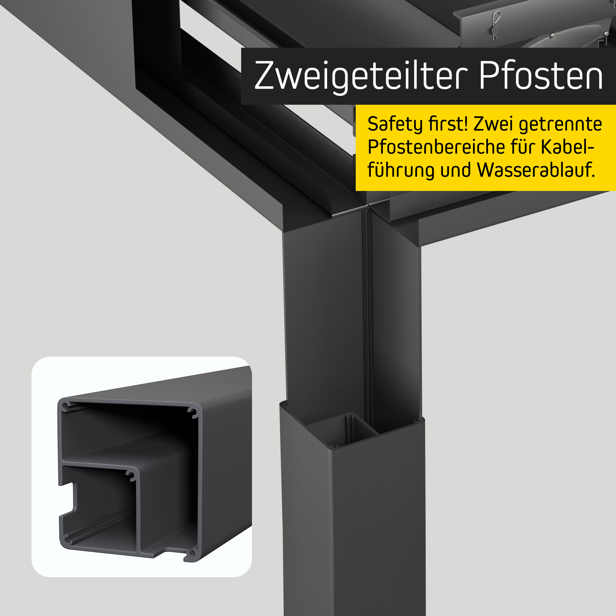 Zweigeteilter Pfosten einer Pergola mit Lamellendach für Kabelführung und Wasserablauf