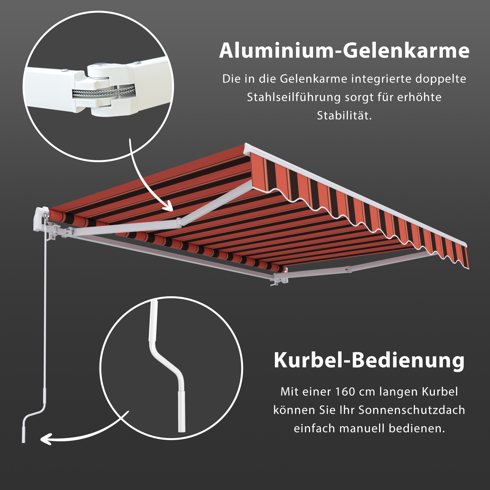 Markise mit Aluminium-Gelenkarmen und Kurbelbedienung für manuelle Anpassung