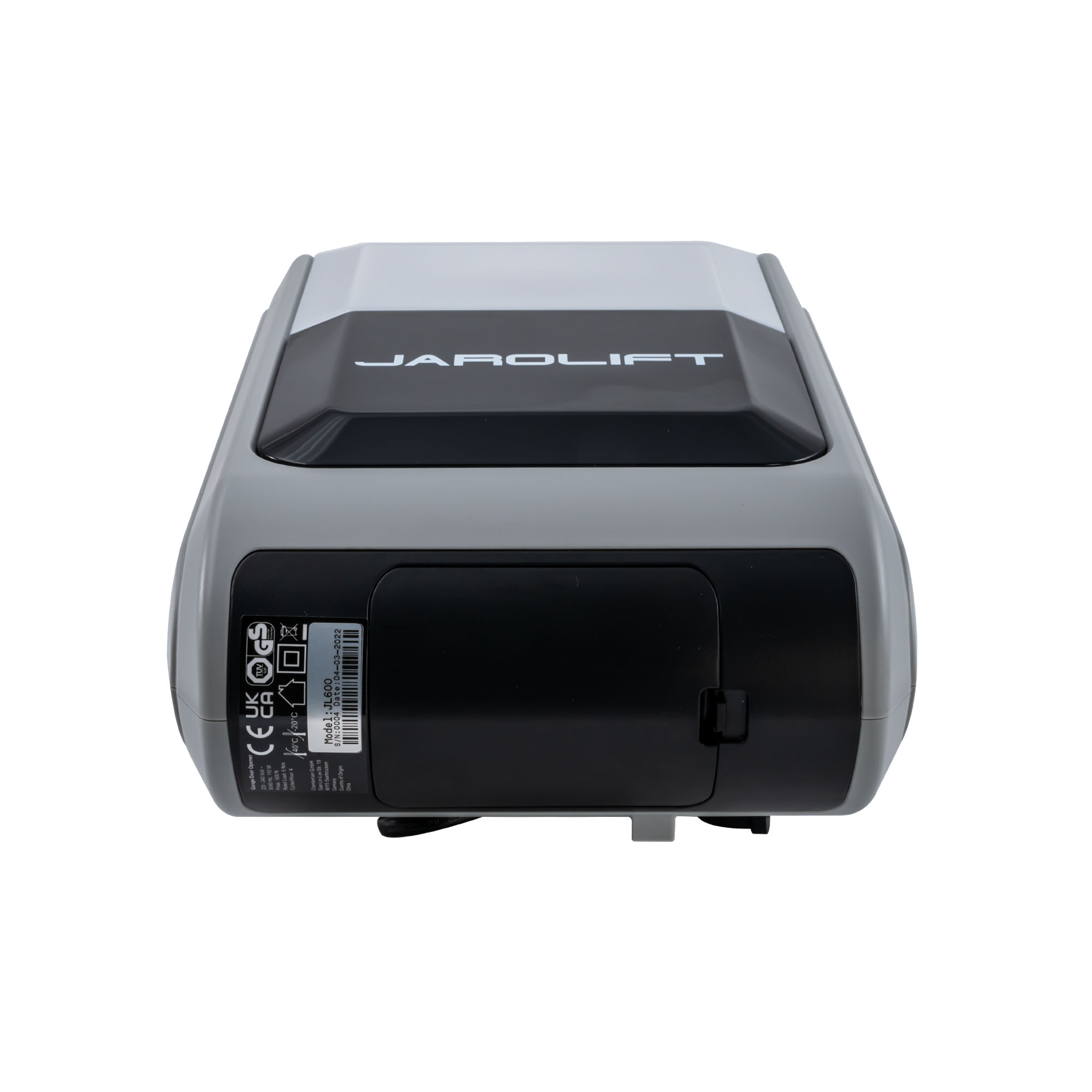 Garagentorantrieb mit Gehäuse und sichtbaren technischen Details