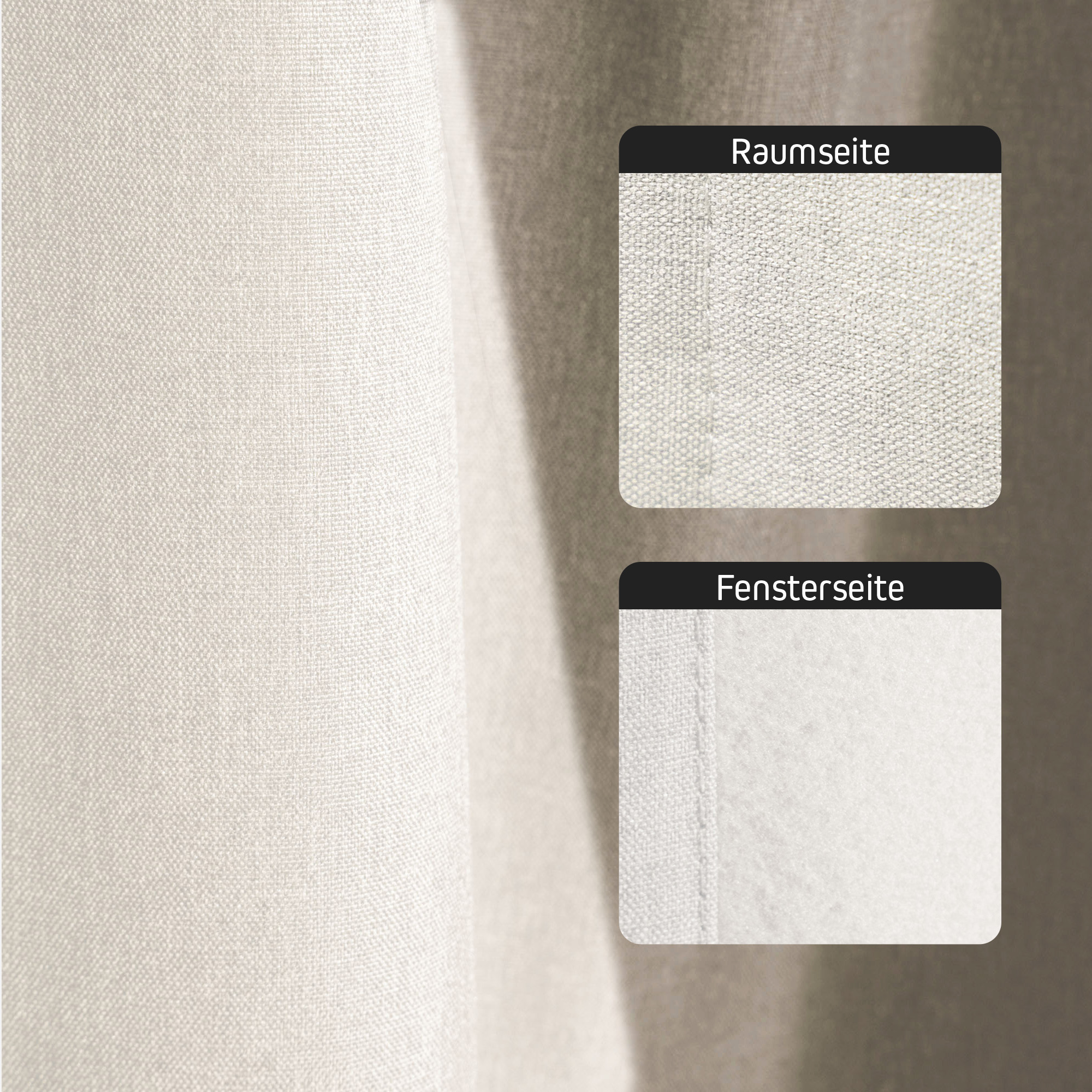 Thermo-Vorhang mit Kombiband, Detailansicht der Materialstruktur von Raum- und Fensterseite