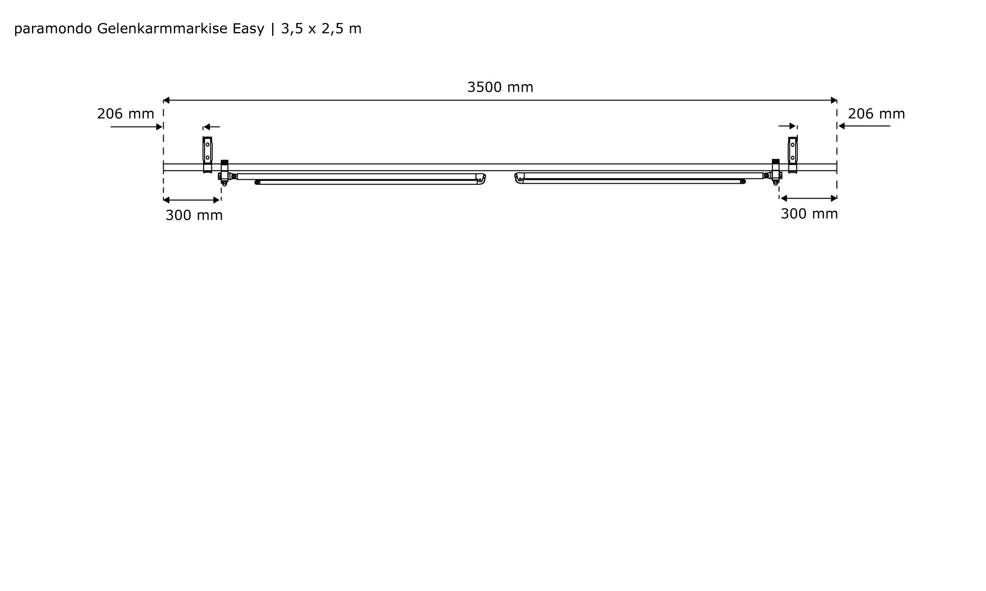 Technische Zeichnung einer Gelenkarmmarkise mit Maßen und Aufbauansicht