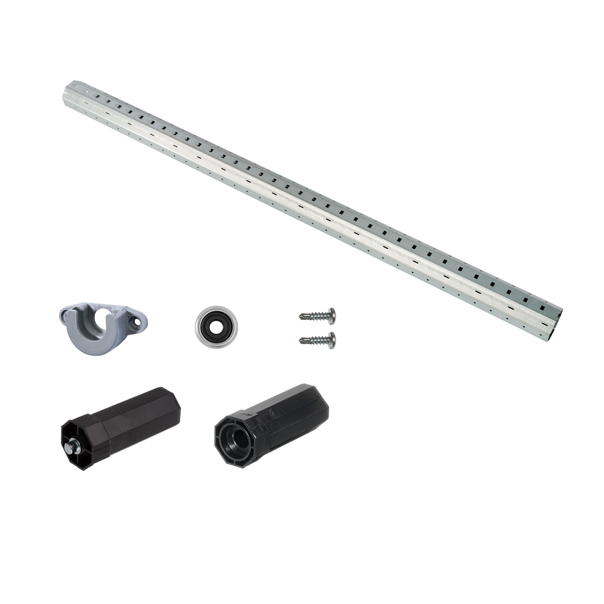 Set aus verschiedenen Bauteilen für ein Wellenset Basic, inklusive Schiene und Befestigungselementen