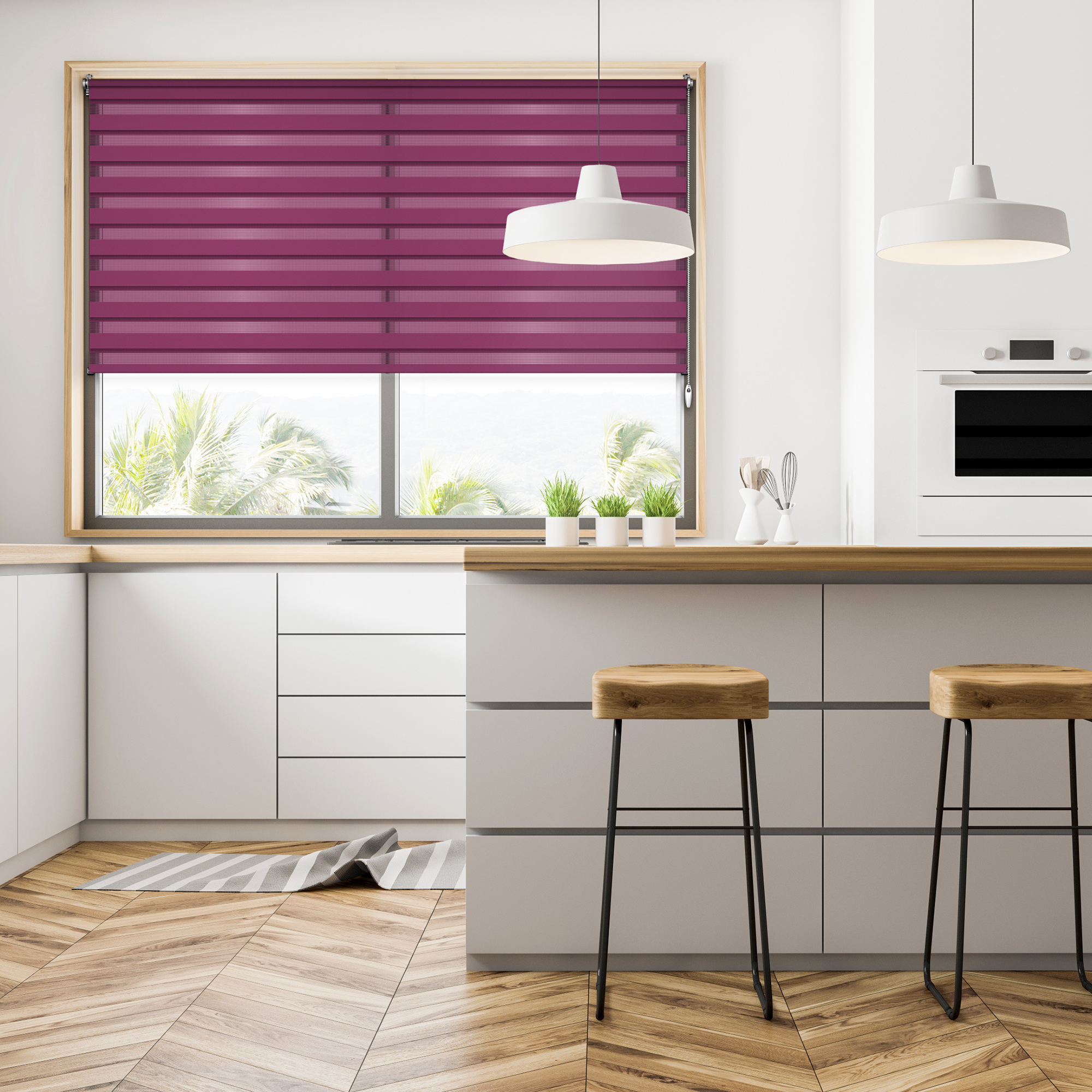 Küche mit Doppelrollo am Fenster, moderne Einrichtung mit Hockern und Hängelampen