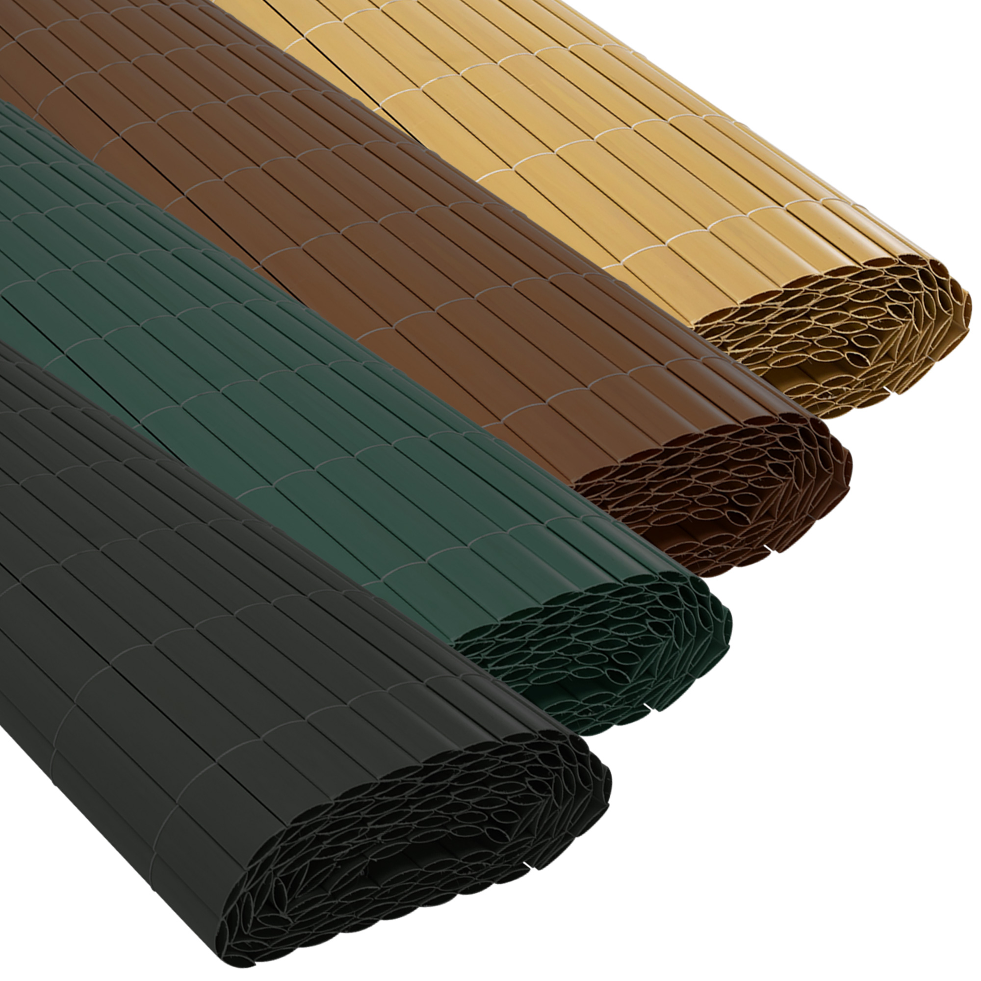 Gerollte PVC-Sichtschutzmatten in verschiedenen Ausführungen für Sichtschutz und Abgrenzung