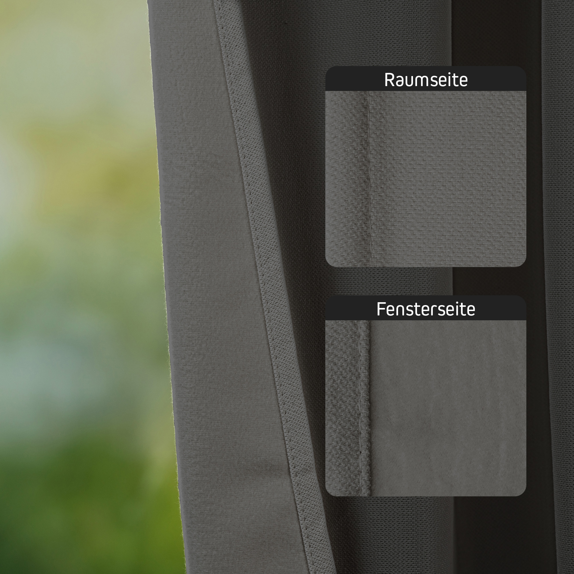 Thermo-Vorhang mit Kombiband, zeigt Materialstruktur von Raum- und Fensterseite