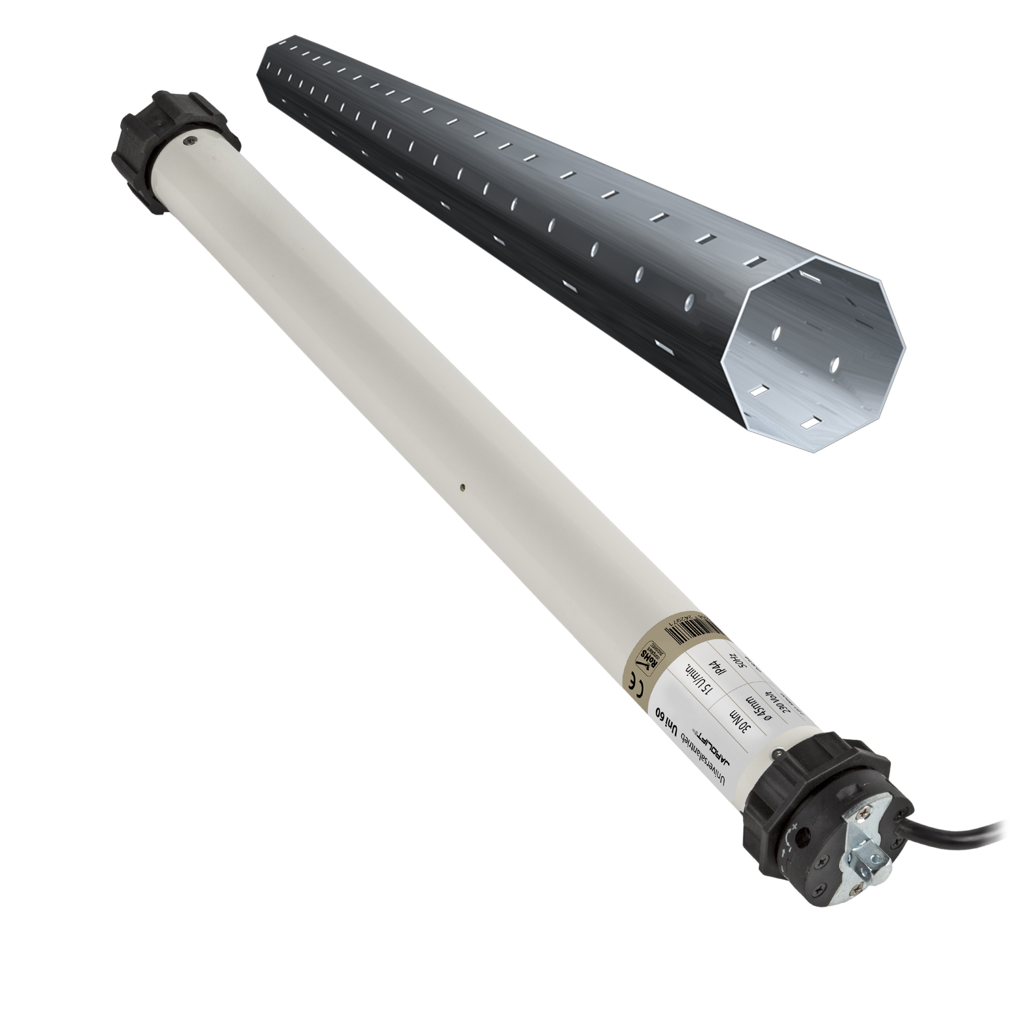 Rollladenmotor mit Steuerung und Kabel für automatisierte Rollladenbedienung