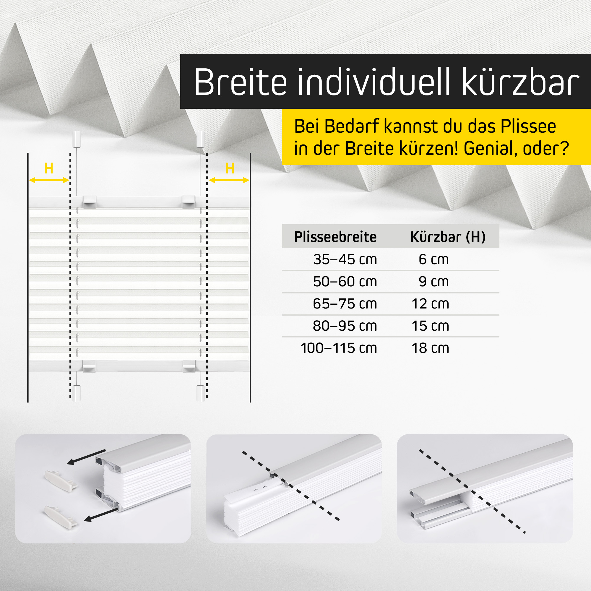 ALT-Text: EasyFix Plissee mit individuell kürzbarer Breite und Anleitung zur Anpassung