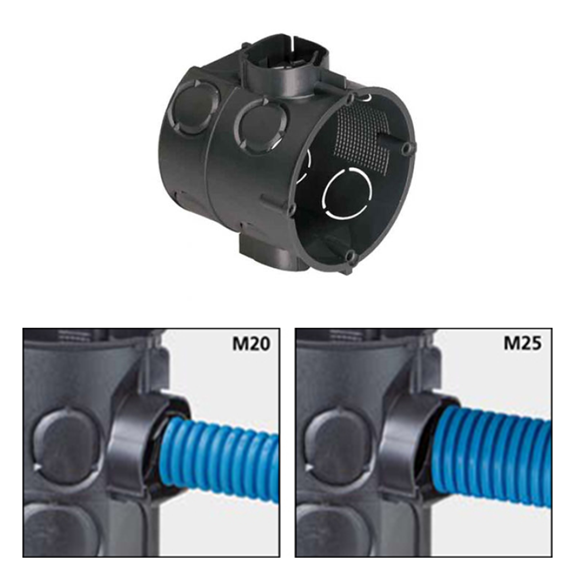 slider_image_6bed27acfc8043a59ec914509b96bd30 Unterputzdose mit mehreren Öffnungen für Kabelinstallation, zeigt Anschlussmöglichkeiten