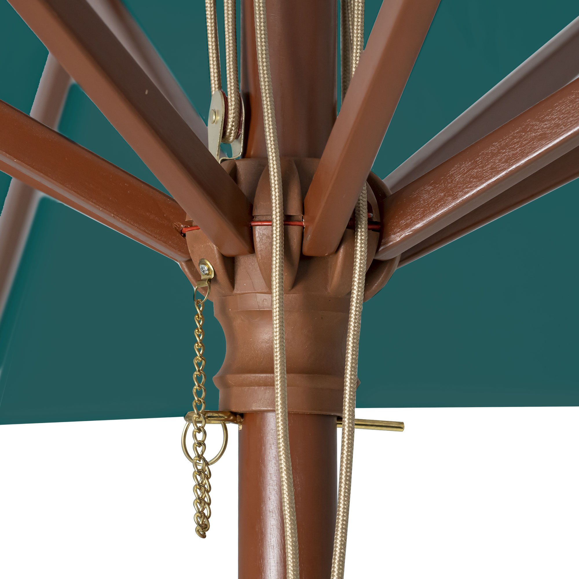 slider_image_b9aec00634554178a9ff597504026314 Nahaufnahme eines knickbaren Holz-Sonnenschirms mit Seilzug und Kettenmechanismus