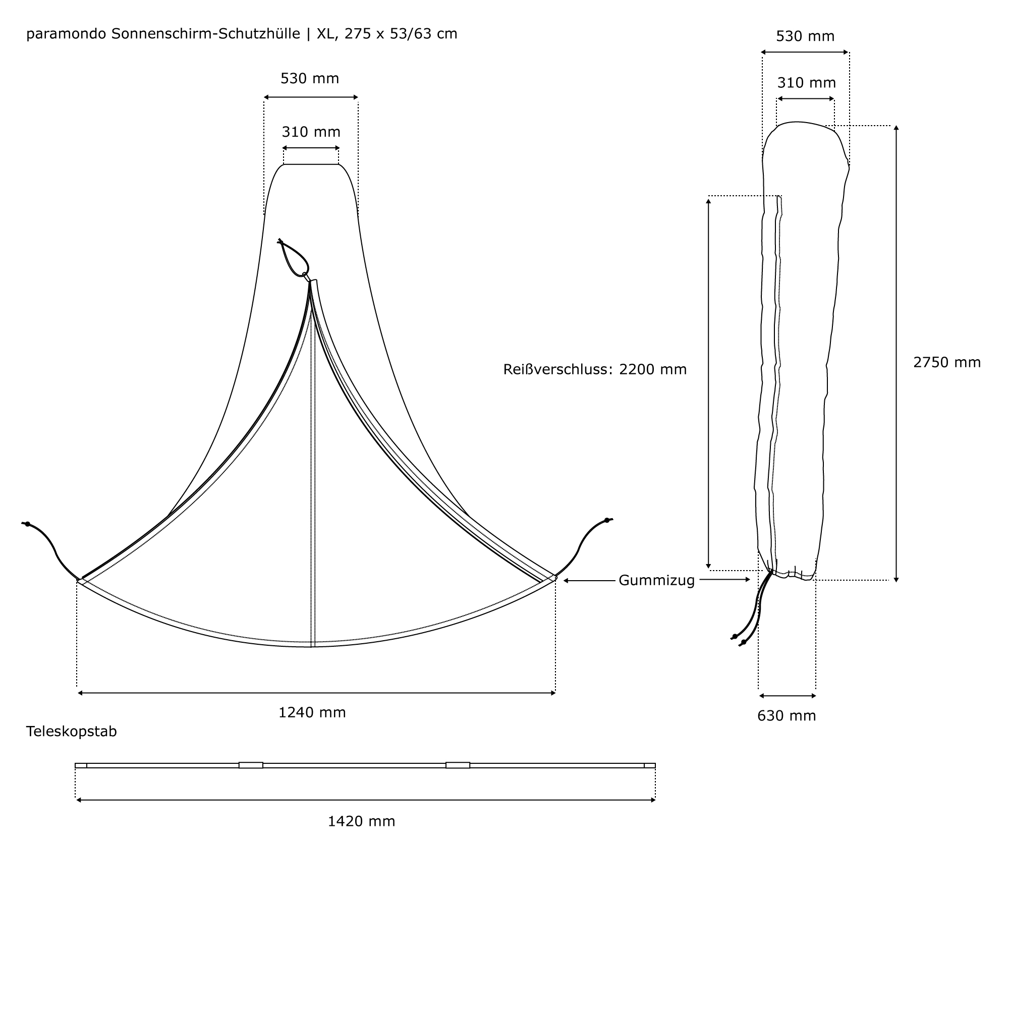 Diagramm einer Schutzhülle für Sonnenschirme mit Reißverschluss und Teleskopstab