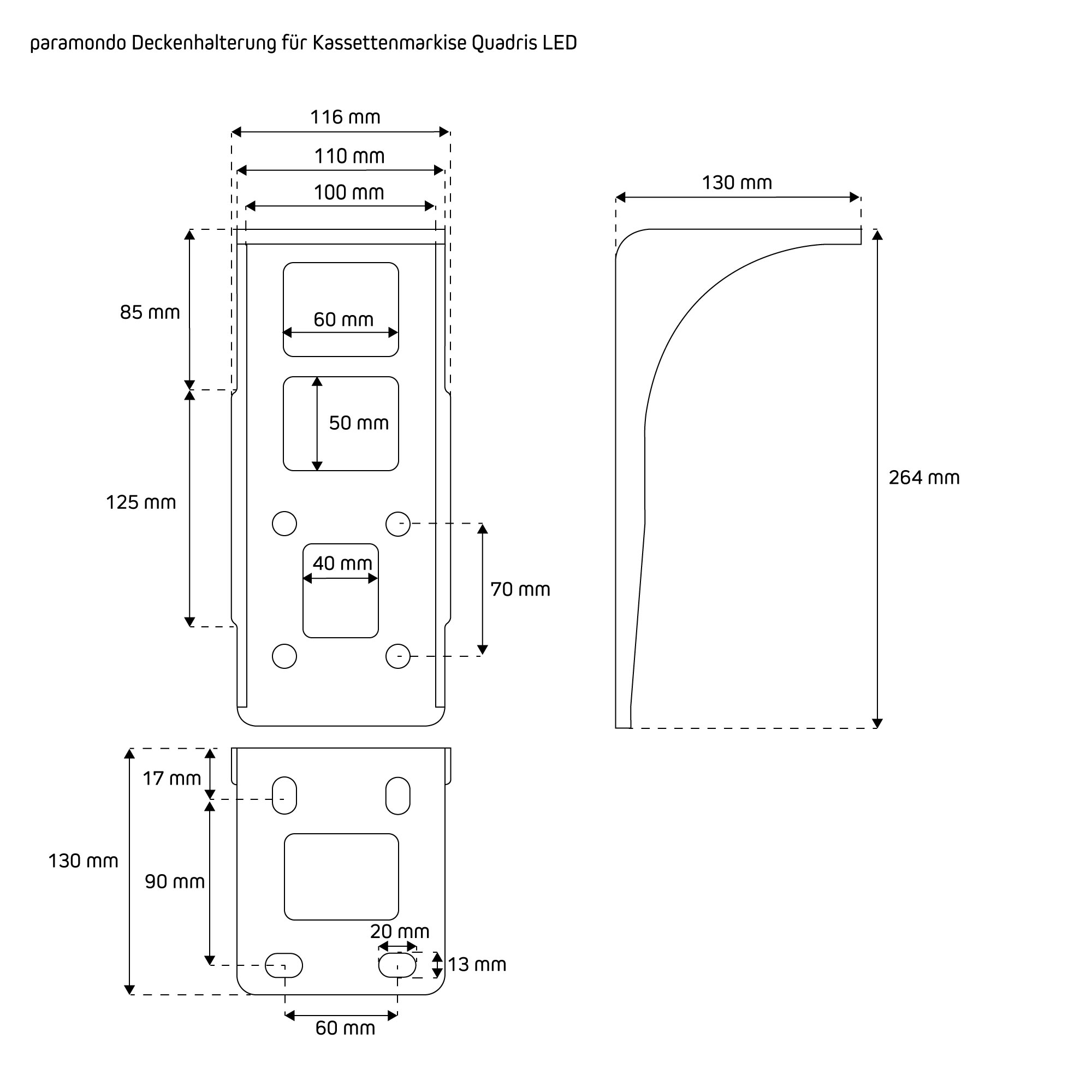 Halterung für Kassettenmarkise Quadris LED mit rechteckigen Aussparungen und Befestigungslöchern