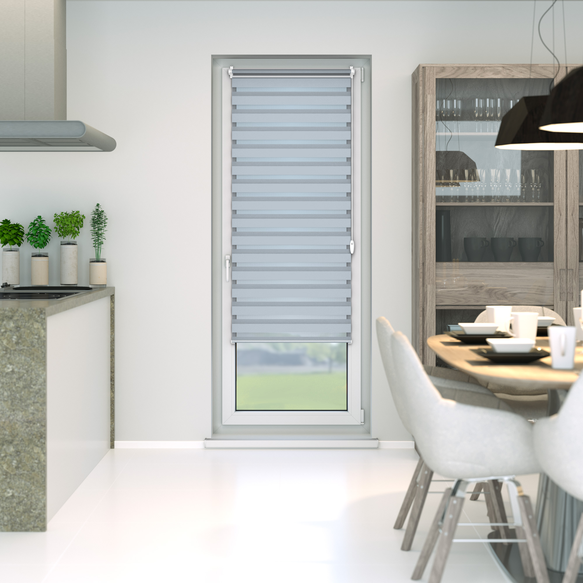 slider_image_9965511278374e00b01a7bd2412101b6 Fenster mit Zevra Doppelrollo, halbtransparent, in modernem Esszimmerumfeld