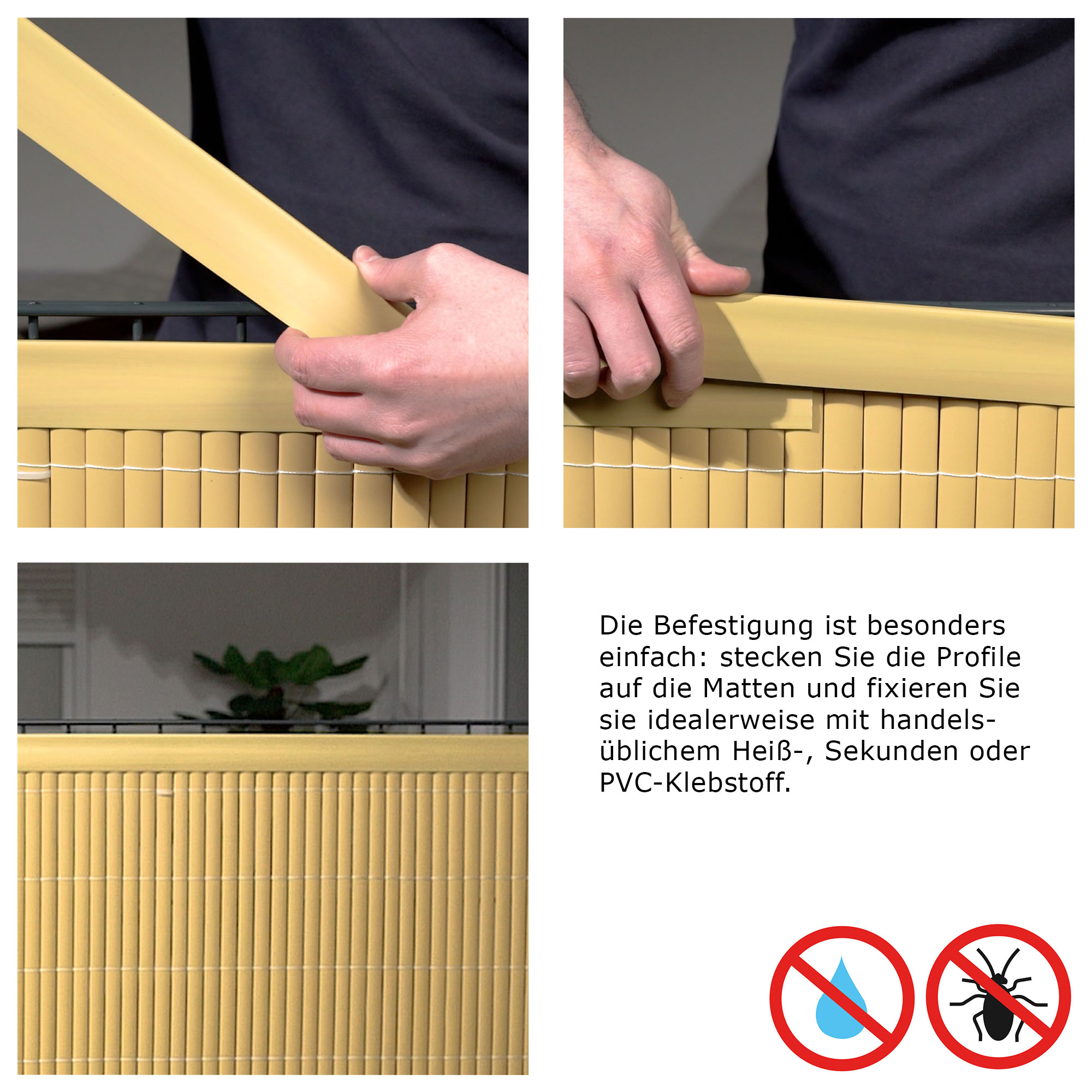slider_image_ca149a778ca44c69a6d86df87eff6796 PVC-Abdeckprofil wird auf Sichtschutzmatte angebracht, um deren Kanten zu verdecken