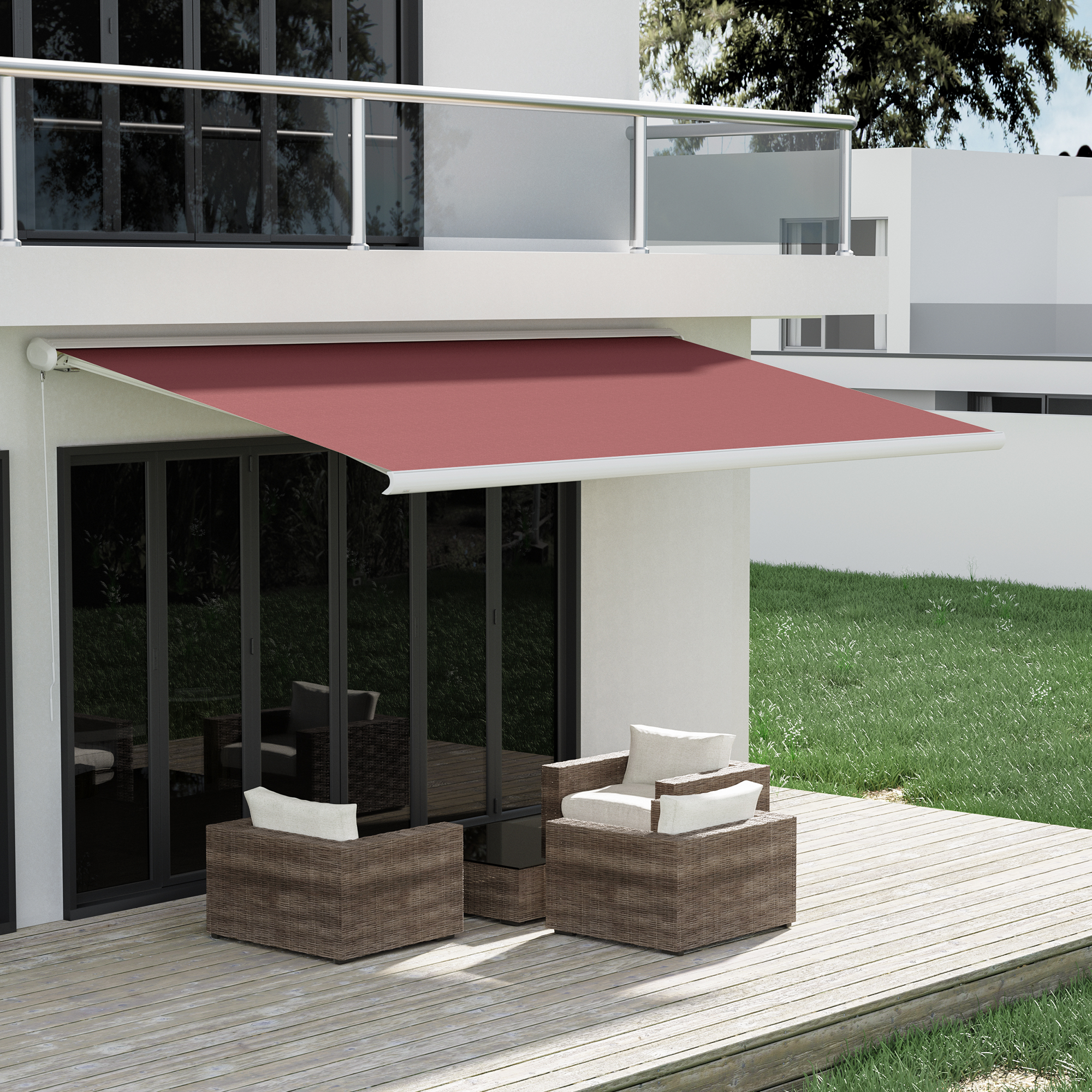 Terrasse mit Markise und Sitzmöbeln vor einem modernen Gebäude