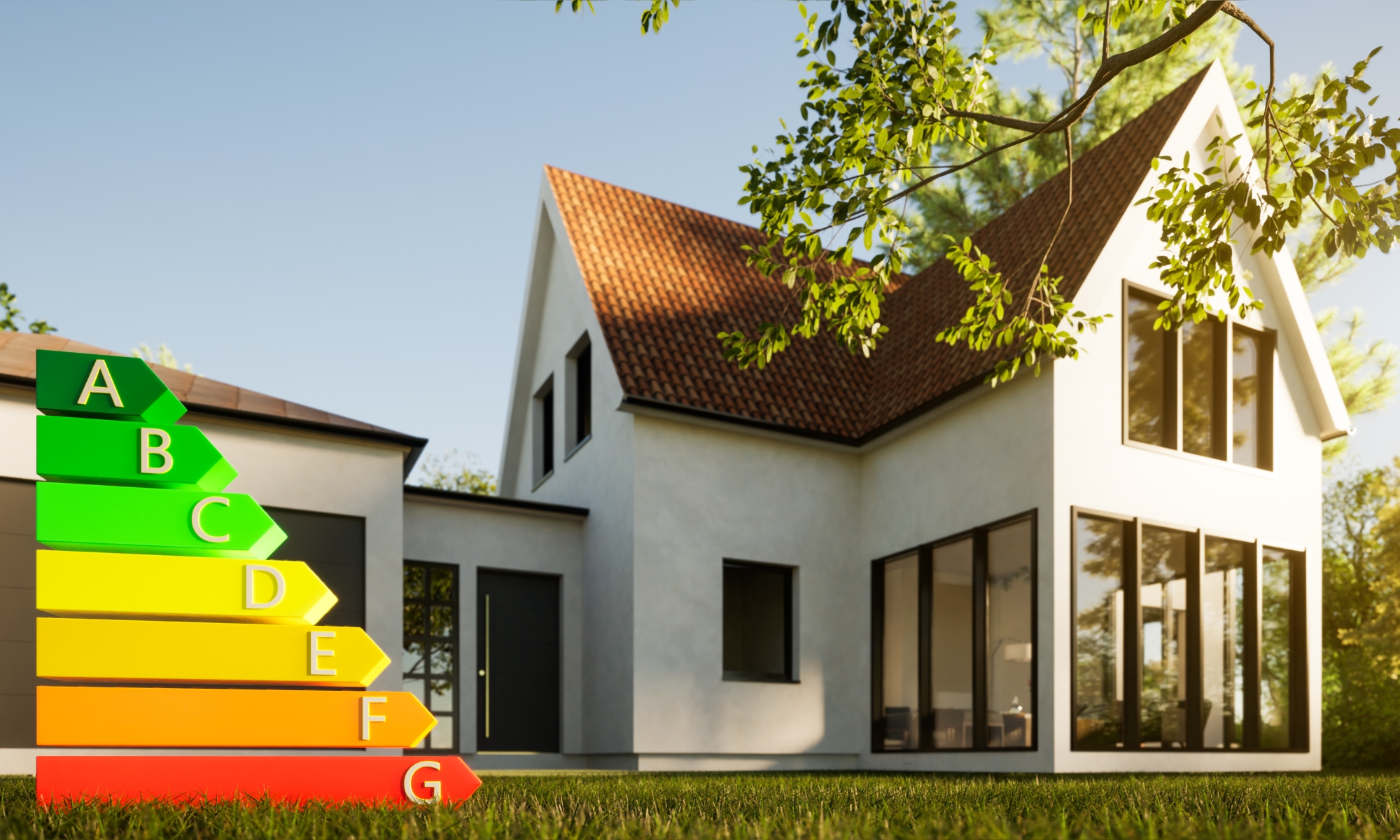 slider_image_0127a5217e39430ea99793801ca6ca32 Ein modernes Haus mit Energieeffizienzskala von A bis G im Vordergrund