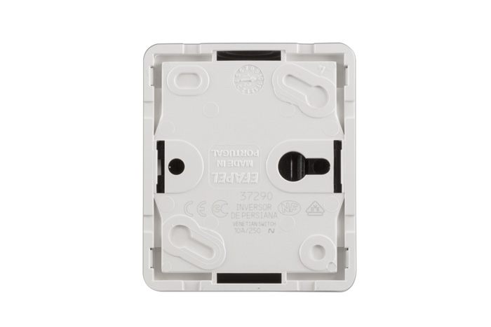 Rückseite eines Wippschalters mit Befestigungspunkten und elektrischen Anschlüssen