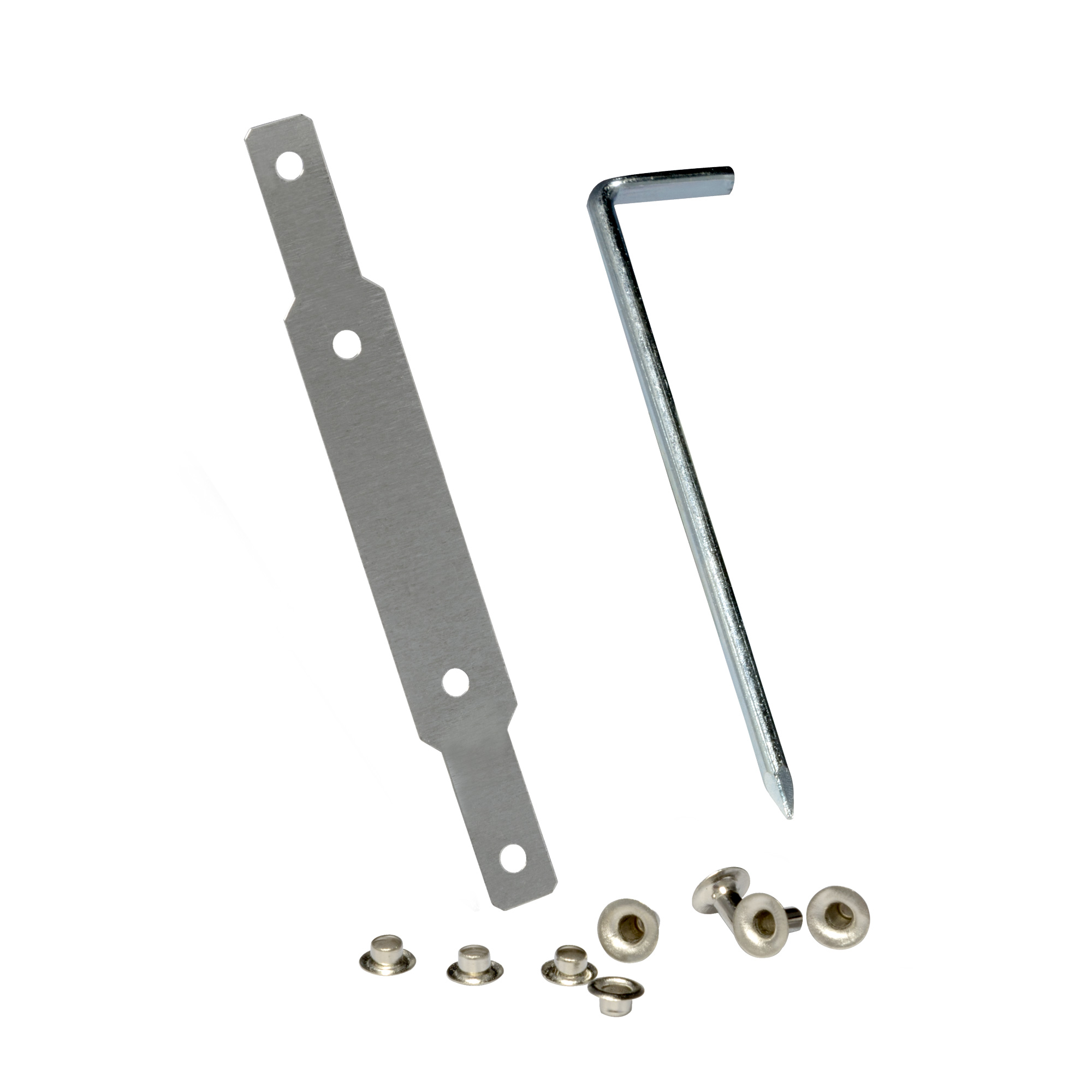 slider_image_ Rolladengurt Reparaturkit mit Metallplatten, Schrauben und Inbusschlüsseln zur Reparatur von Rolläden