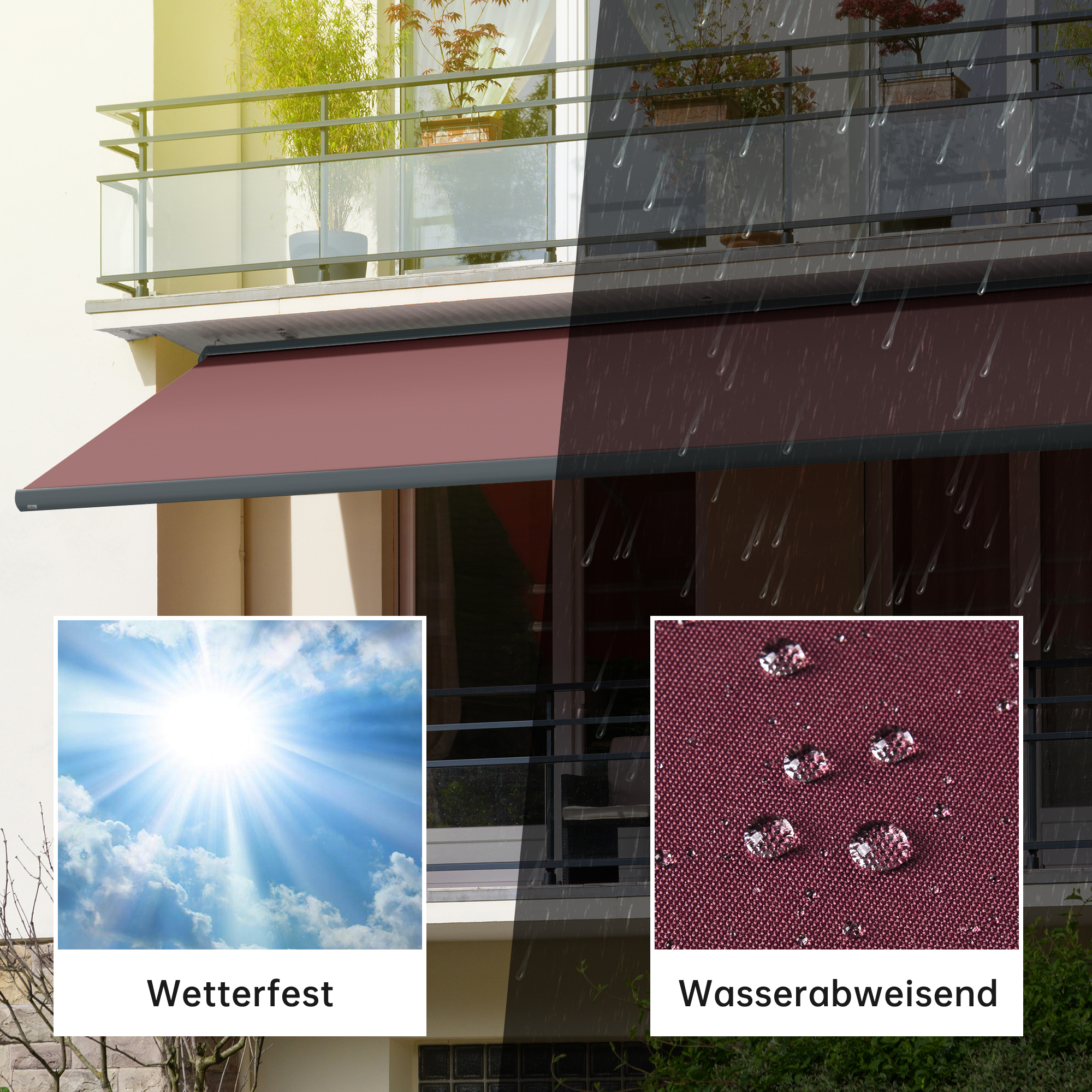 Kassettenmarkise Curve 2000 an einem Balkon, wetterfest und wasserabweisend