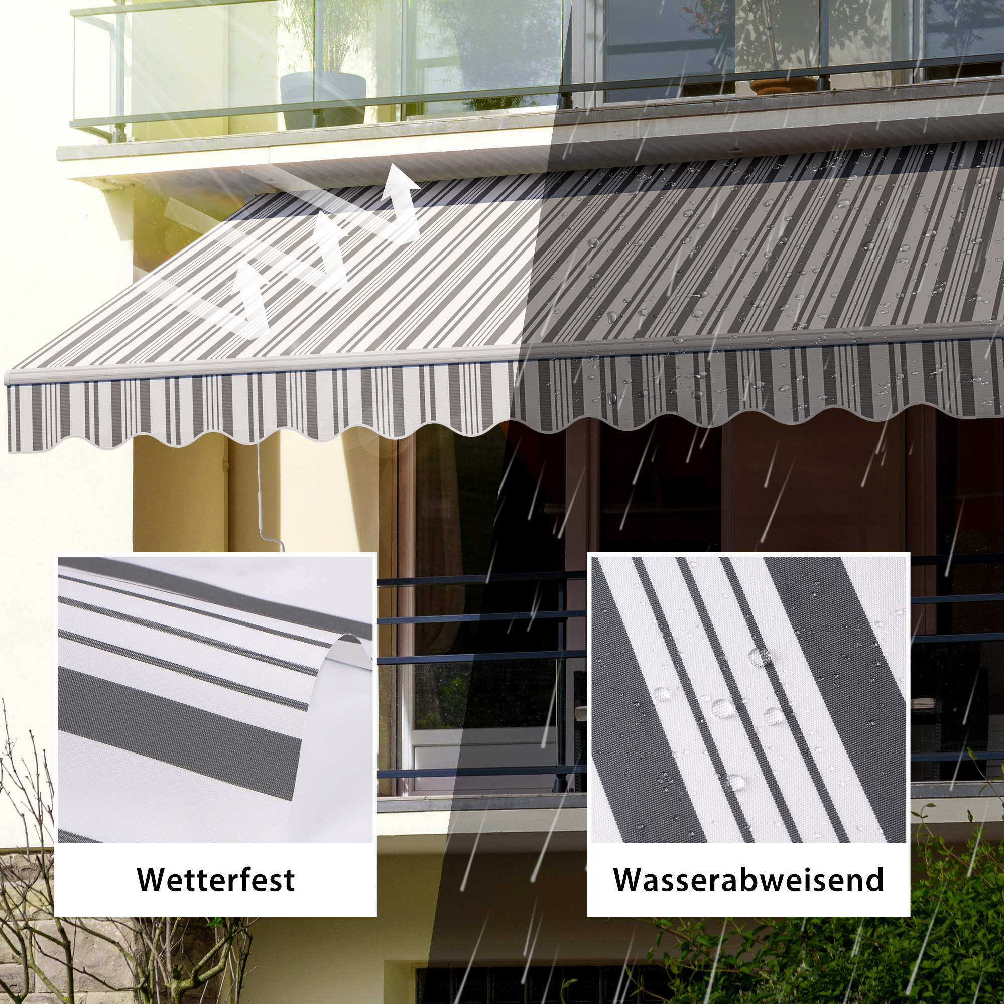 Gelenkarmmarkise Basic 2000 an einem Balkon, wetterfest und wasserabweisend