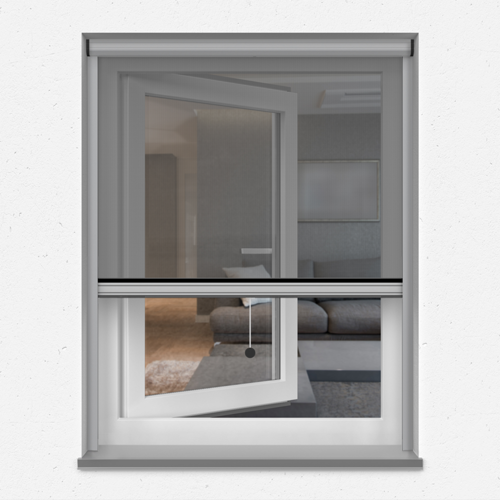 Insektenschutzrollo an einem geöffneten Fenster in einem Wohnraum