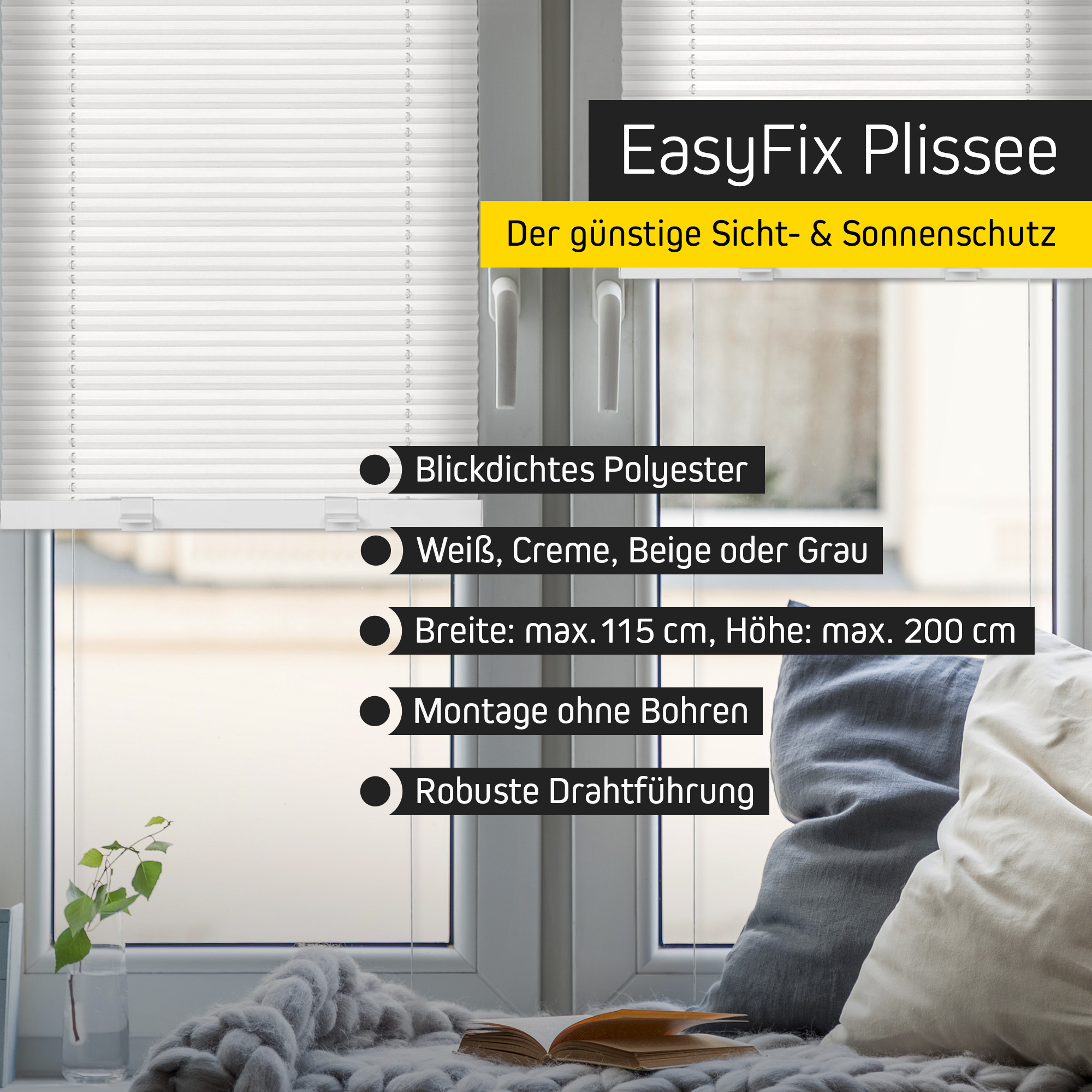 Plissee am Fenster, einfache Montage, Sicht- und Sonnenschutz, blickdichtes Material