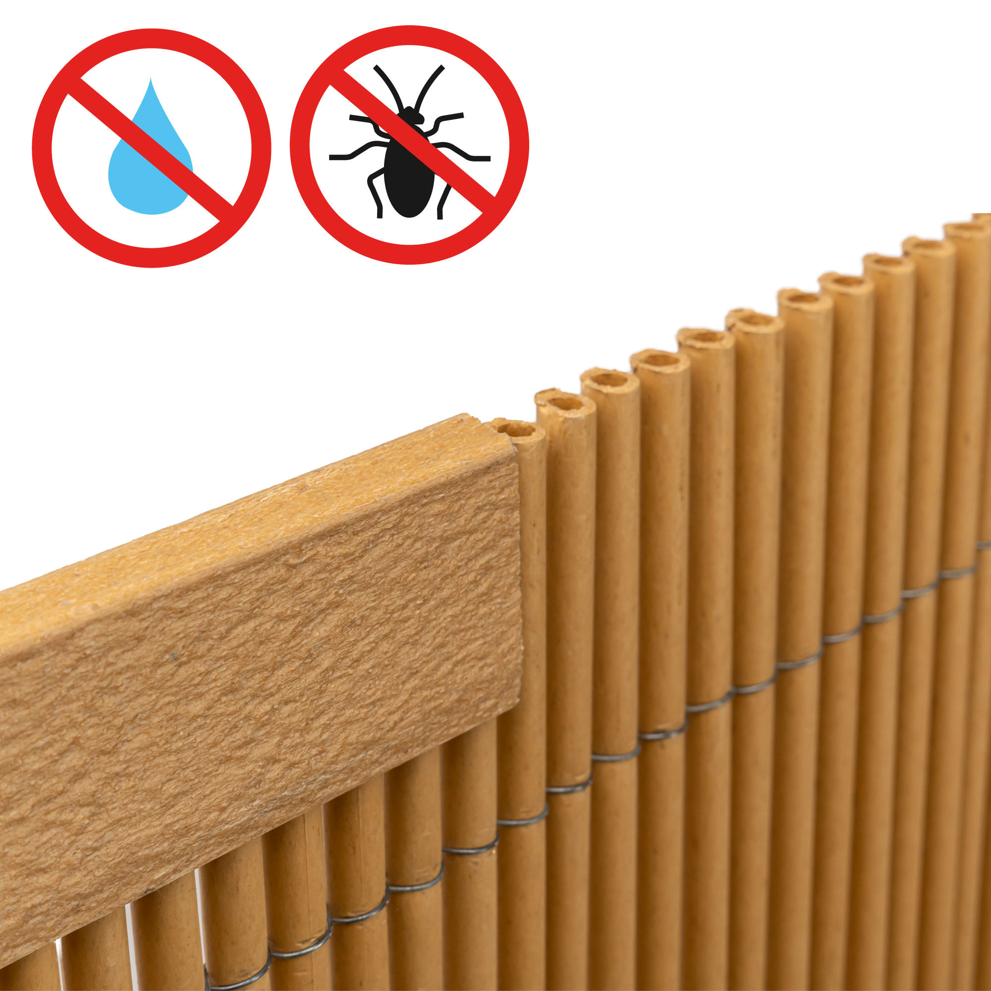 slider_image_d181288a756147768222f76eb2516ec3 Abdeckprofil für Sichtschutzmatte aus Bambusmaterial mit Schutzsymbolen gegen Wasser und Insekten