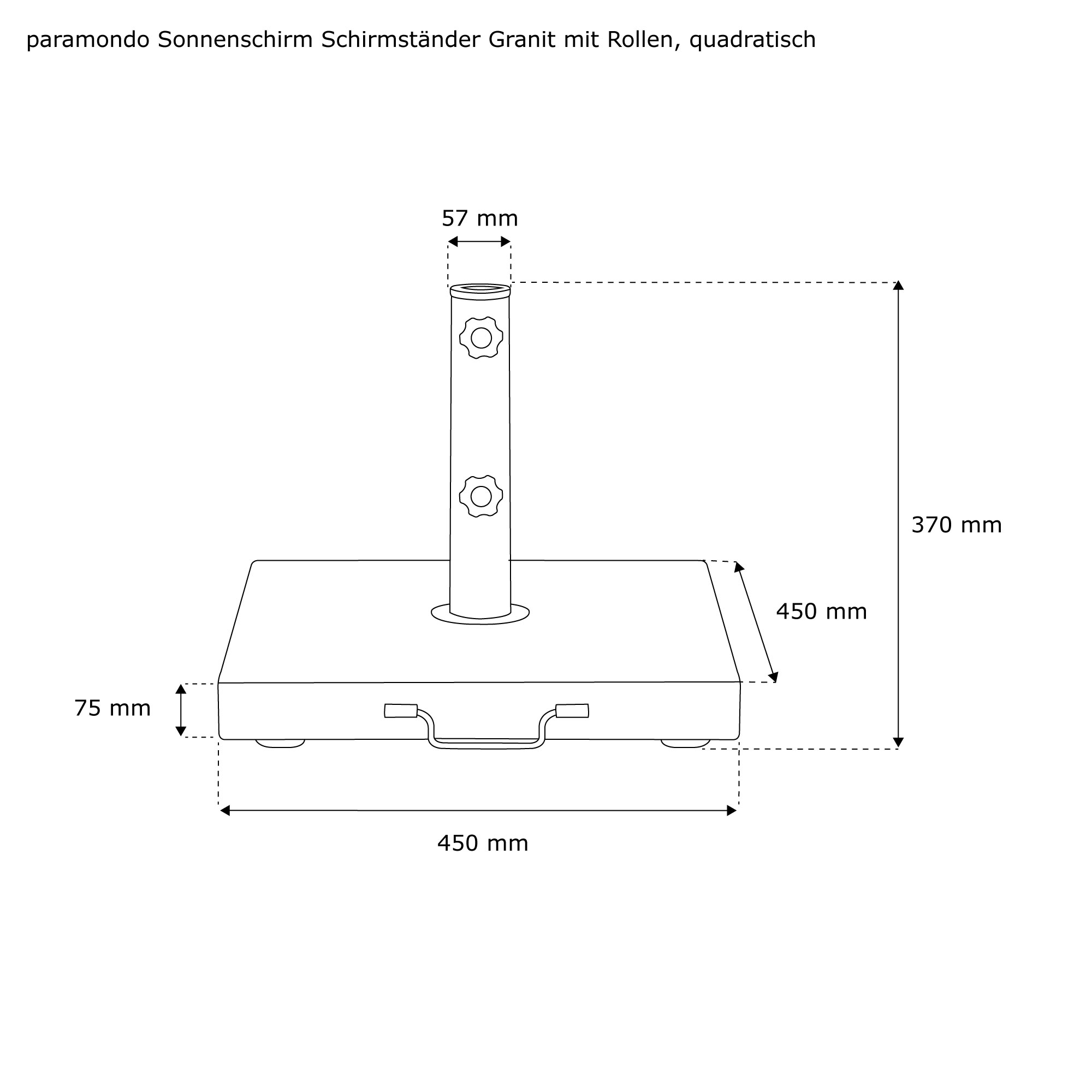 Quadratischer Schirmständer mit Rollen und Rohrhalterung aus Granit