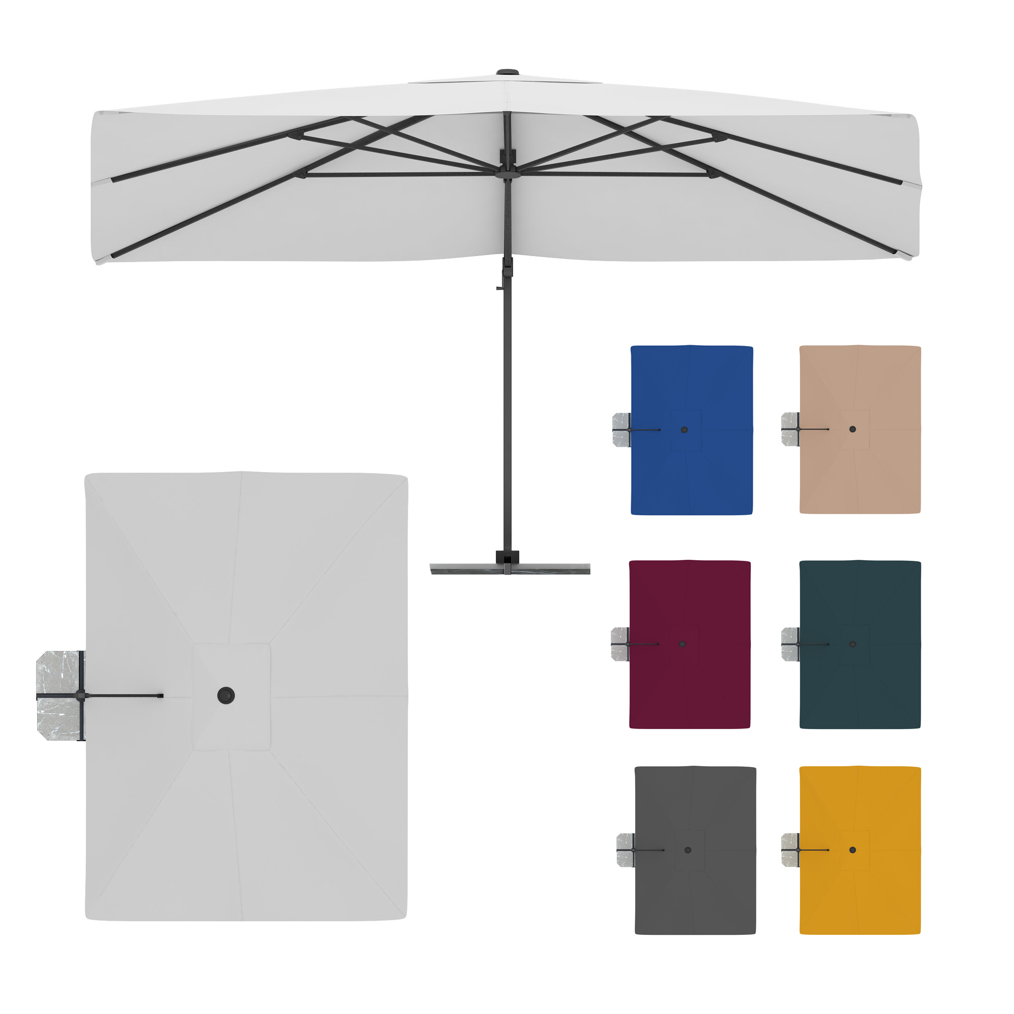 Ampelschirm mit rundem Schirmdach und seitlichem Standfuß in verschiedenen Farben