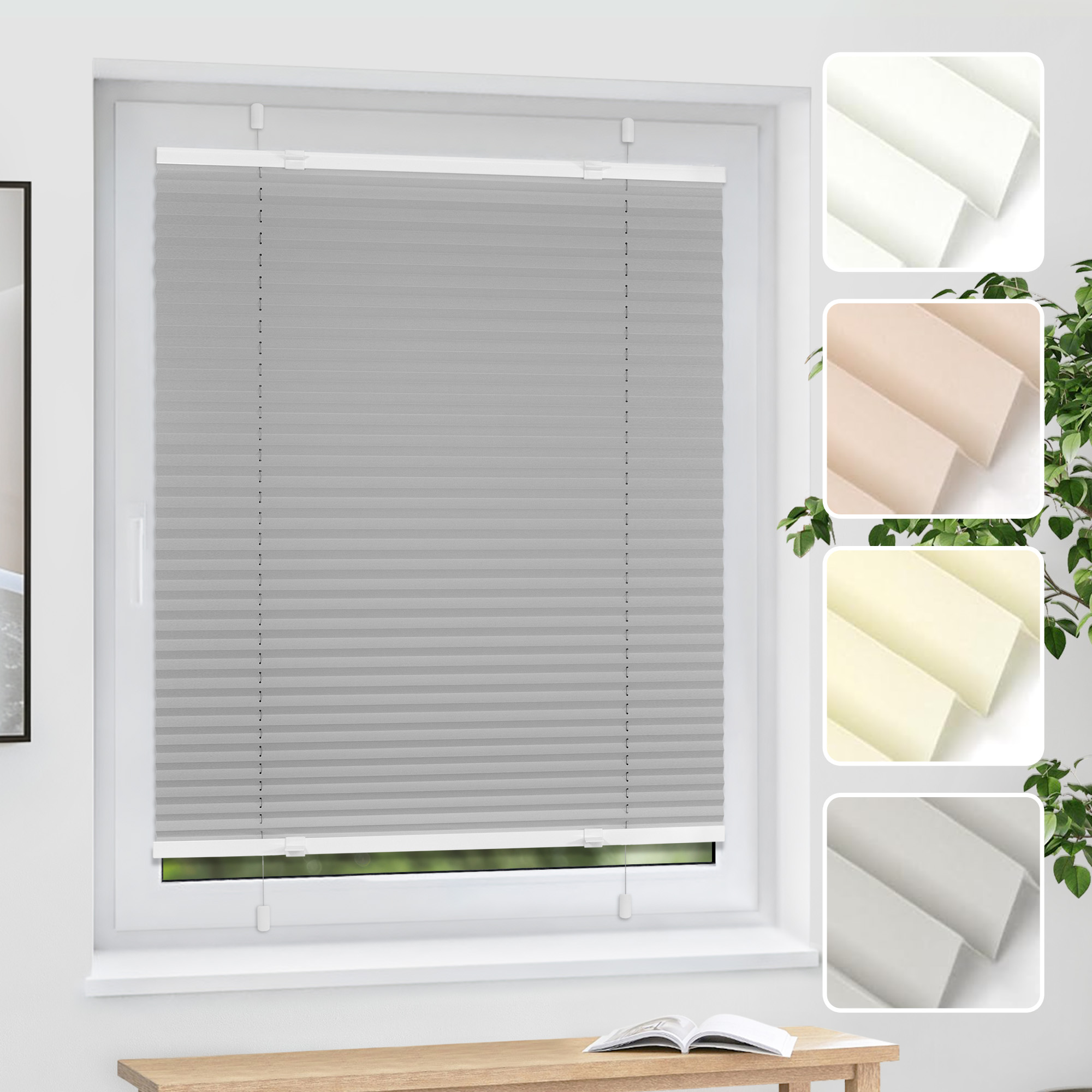 Plissee am Fenster mit verschiedenen Stoffmustern in der Ecke