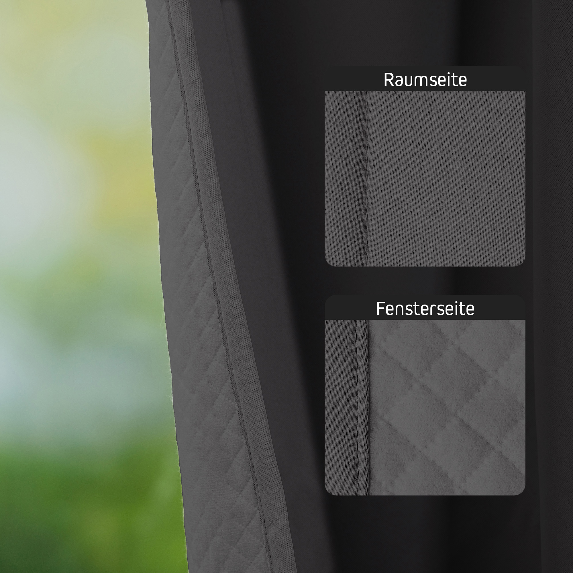 Akustik-Vorhang mit Kombiband, zeigt Raum- und Fensterseite des Materials