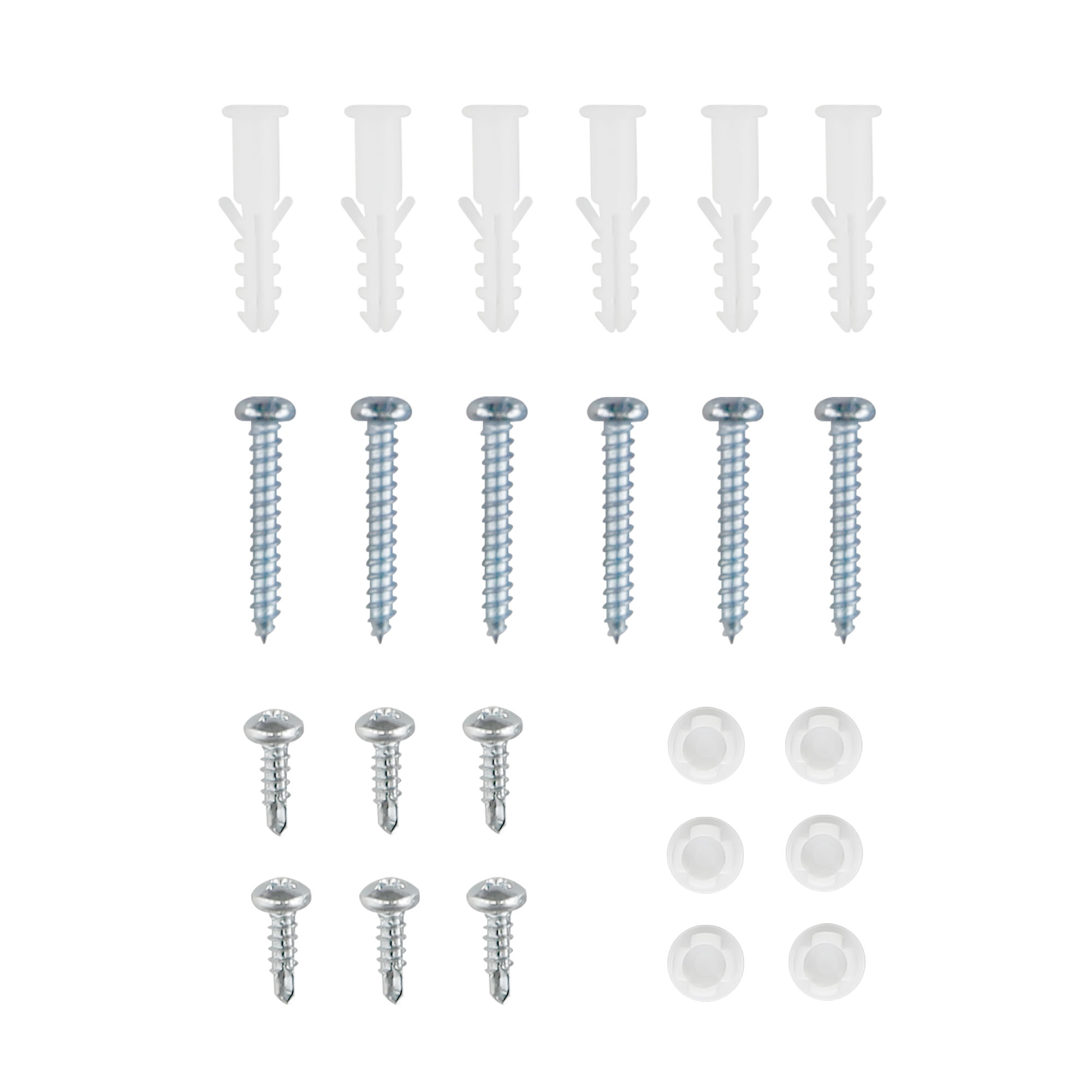 Schrauben-Set für Insektenschutzrollos mit Dübeln und Abdeckkappen in verschiedenen Größen