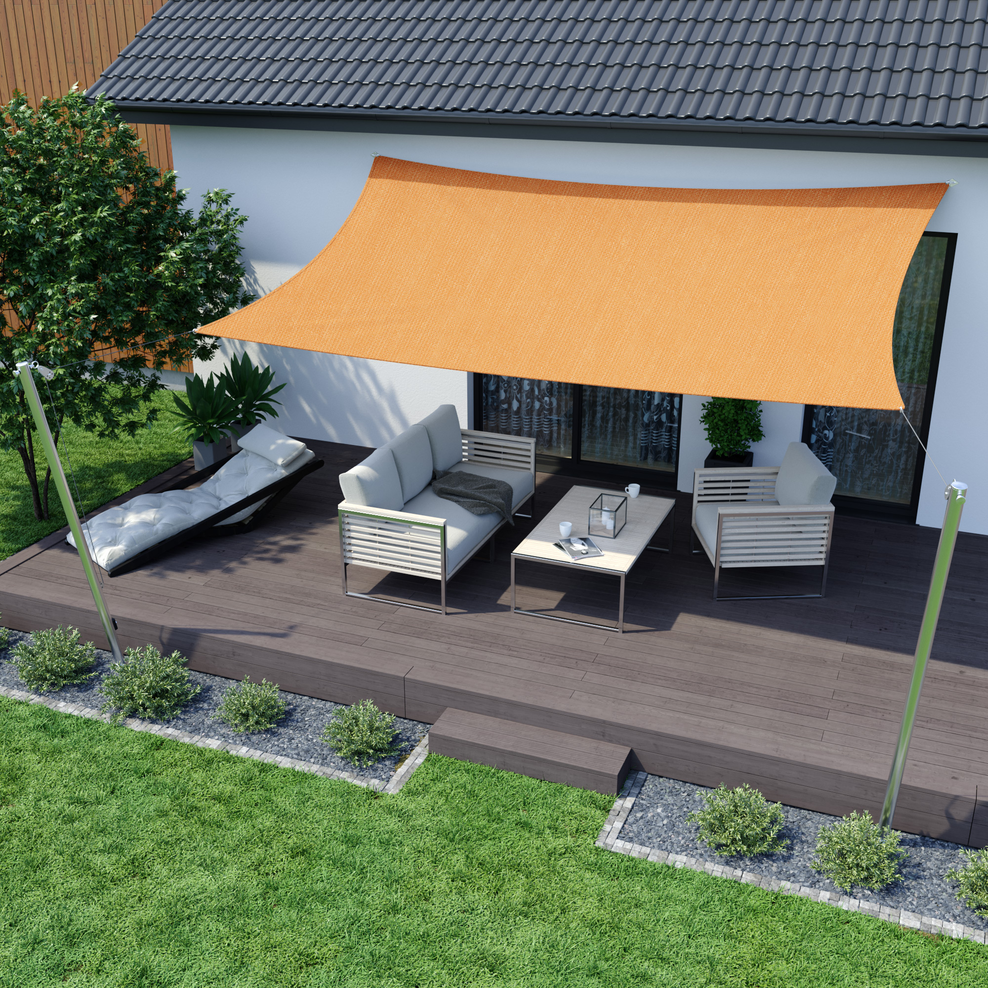 Sonnensegel über Terrasse mit Sitzgruppe, bietet Schatten und Schutz, atmungsaktives Material