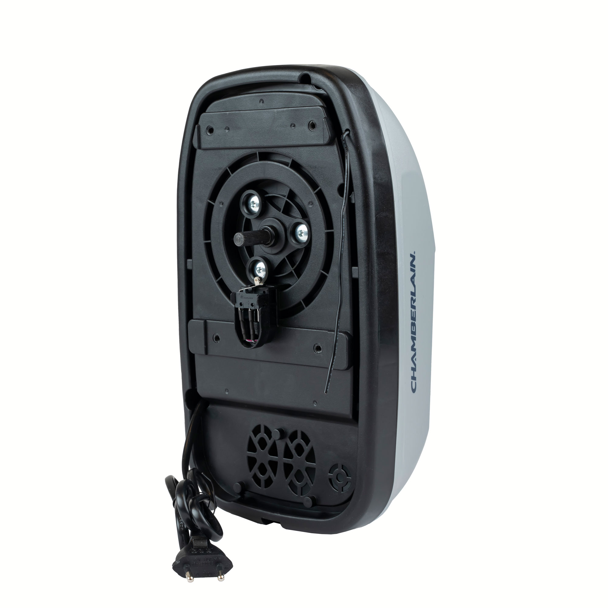 Garagentorantrieb mit Kabel und Stecker, rechteckige Form, Montageelemente sichtbar