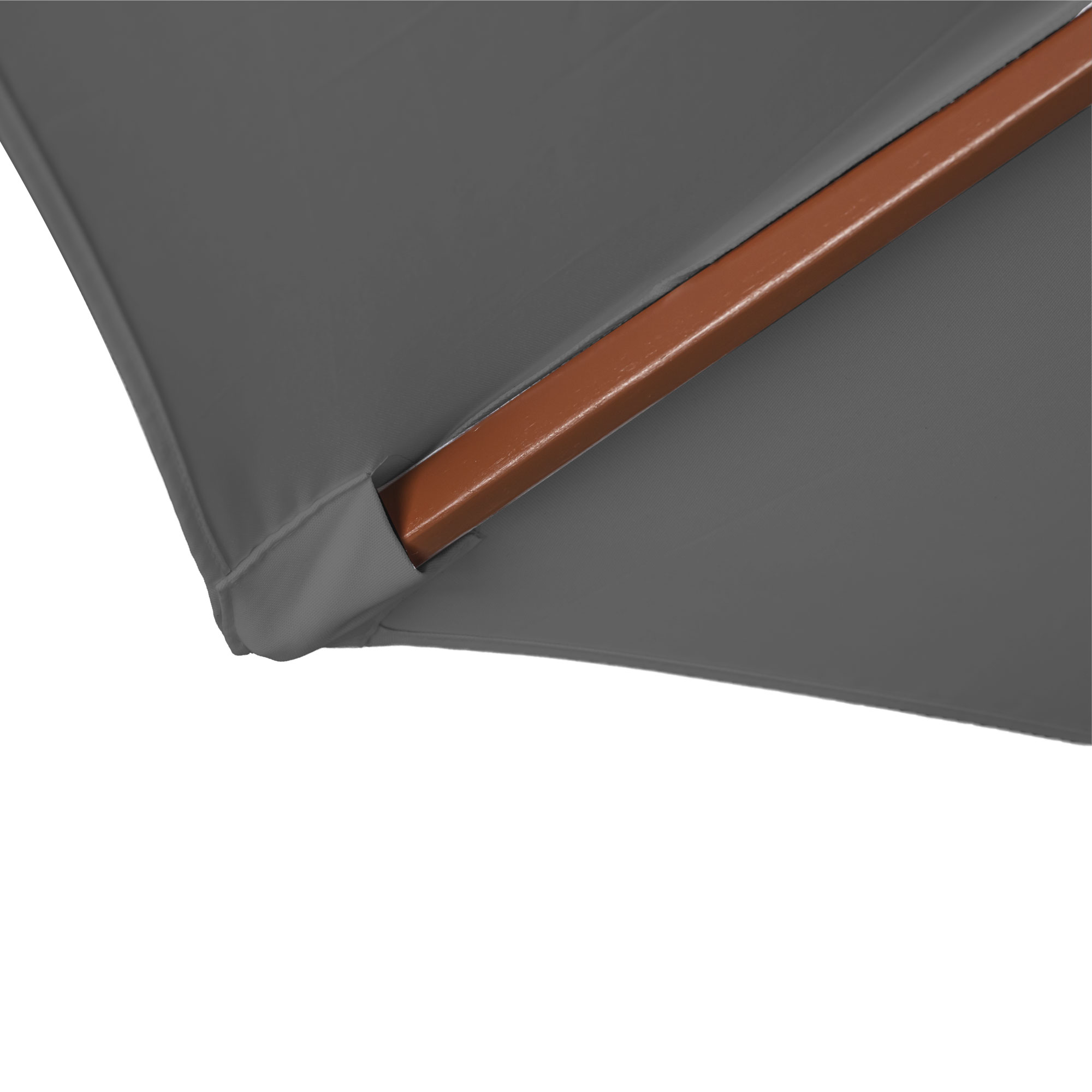 slider_image_0cd2c86f11f146a6a376607920bd1139 Nahaufnahme eines knickbaren Holz-Sonnenschirms mit Stoffbespannung