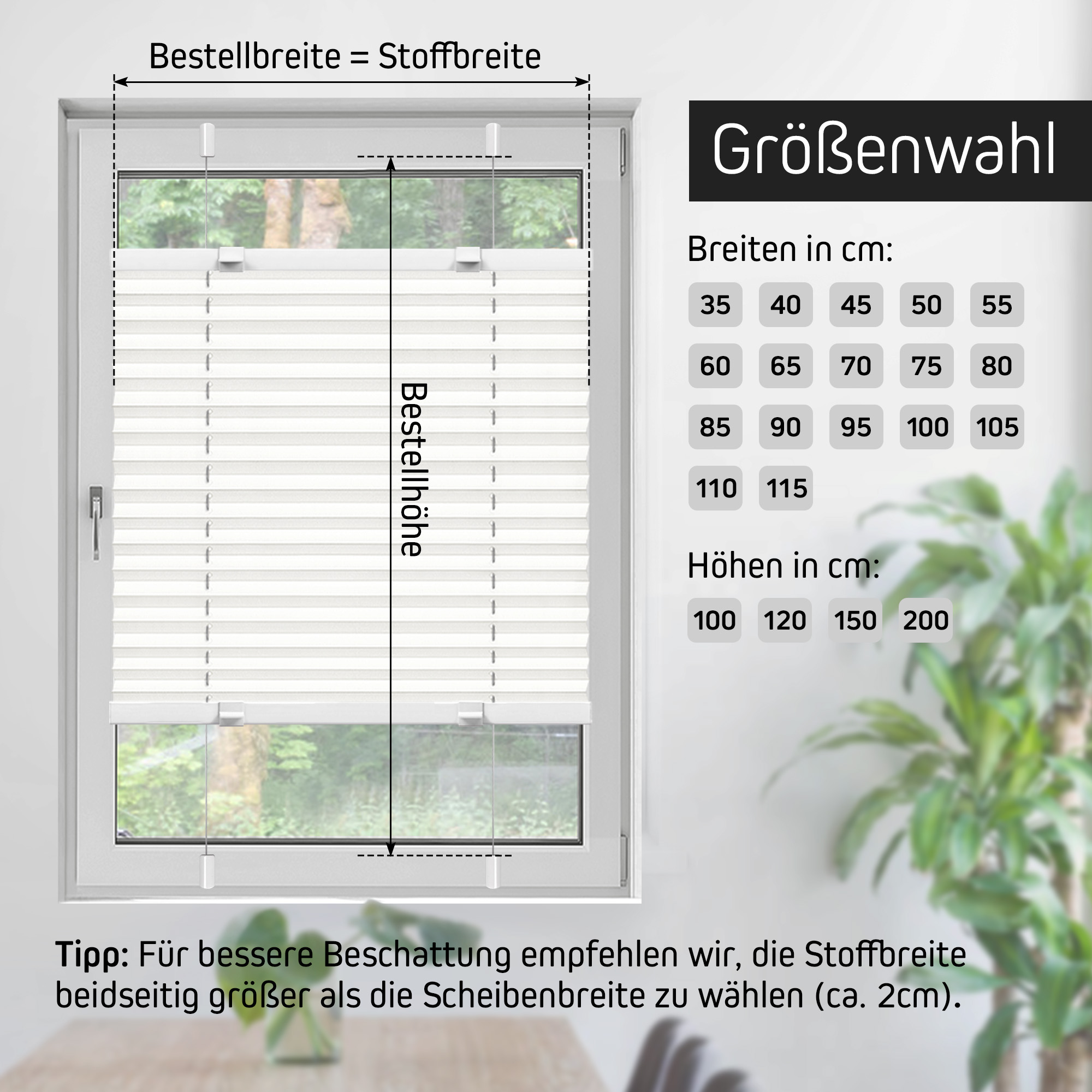Plissee am Fenster mit Größenoptionen und Montagetipps
