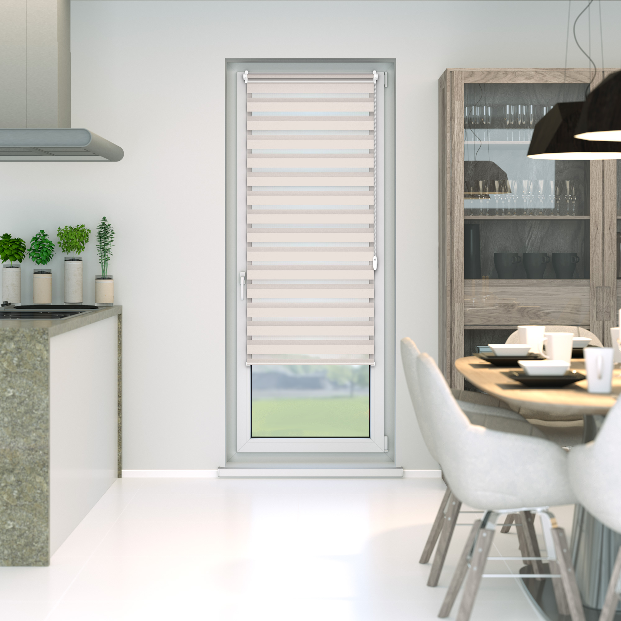 slider_image_f296e6b5907448538775eefebf8dafe6 Fenster mit Zevra Doppelrollo, halbtransparent, in modernem Esszimmerumfeld