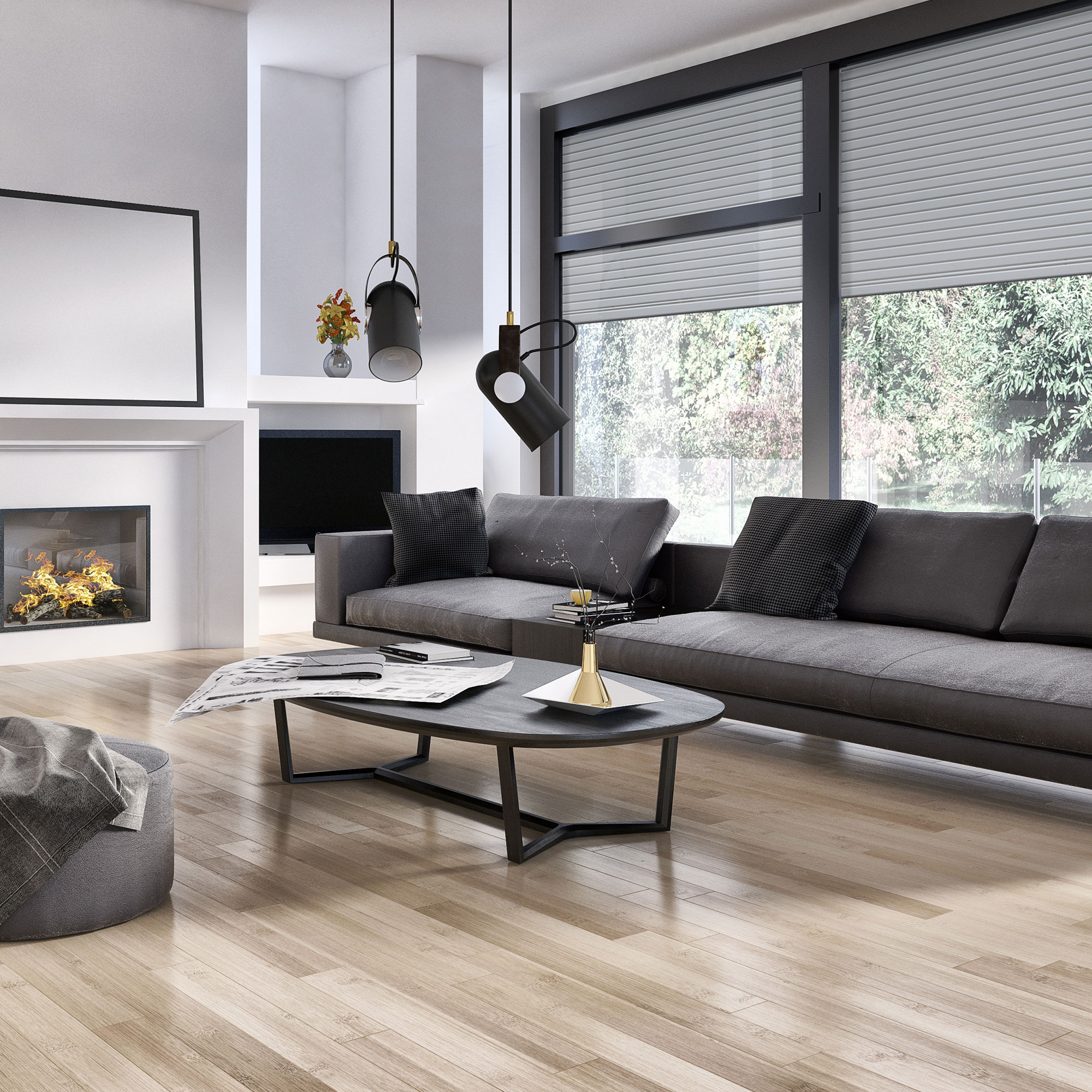 slider_image_0192334530827e9ea95581fdb368d608 Wohnzimmer mit Sofa, Couchtisch, Kamin und geschlossenen Rollläden an großen Fenstern