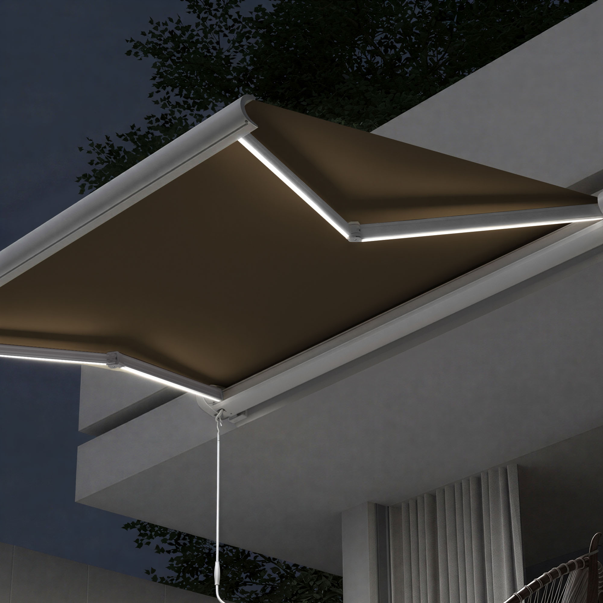 Kassettenmarkise Curve LED | 4,5 x 3,5 m, weiß, Stoff: mokka, Uni