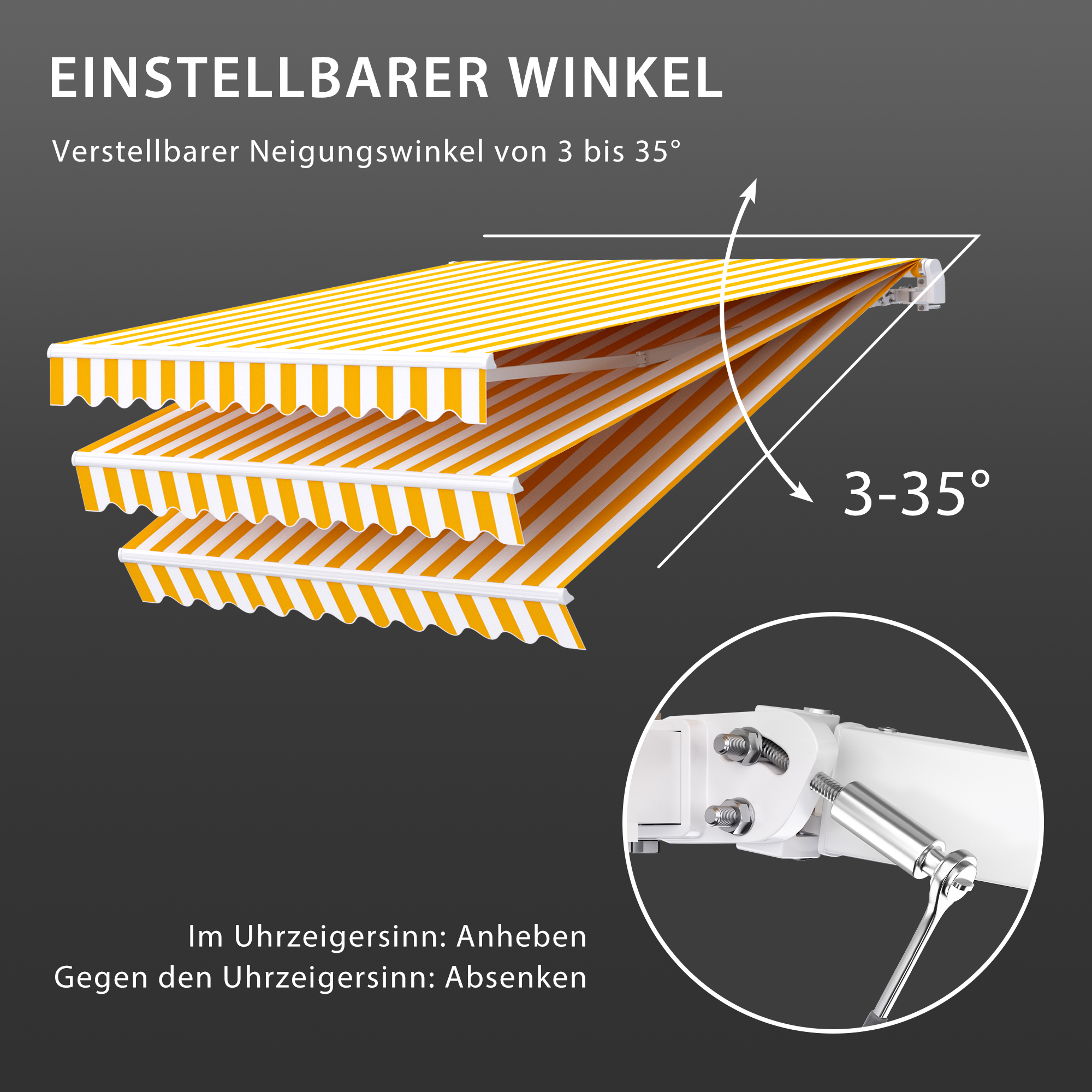 Verstellbare Markise mit Neigungswinkel von 3 bis 35 Grad, Hebelmechanismus zur Einstellung