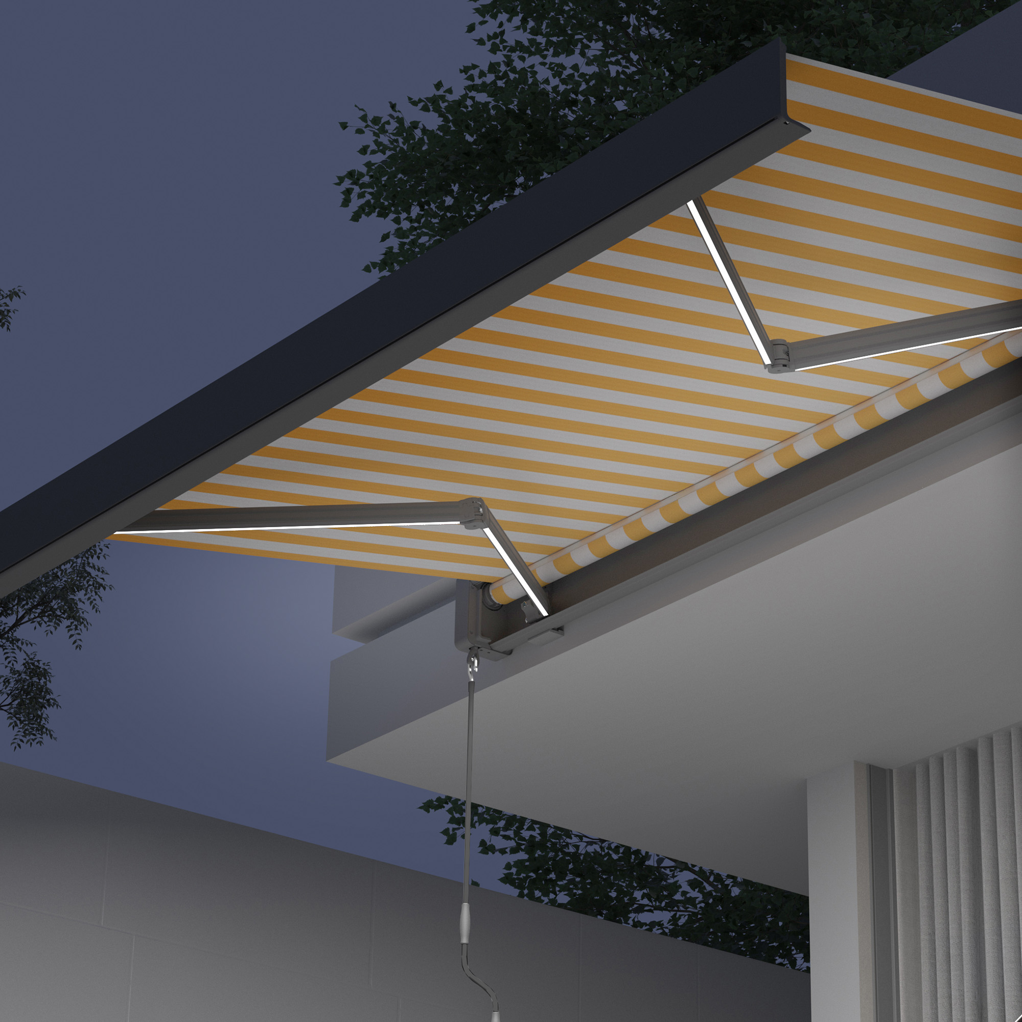Kassettenmarkise mit LED-Beleuchtung an einem Gebäude montiert