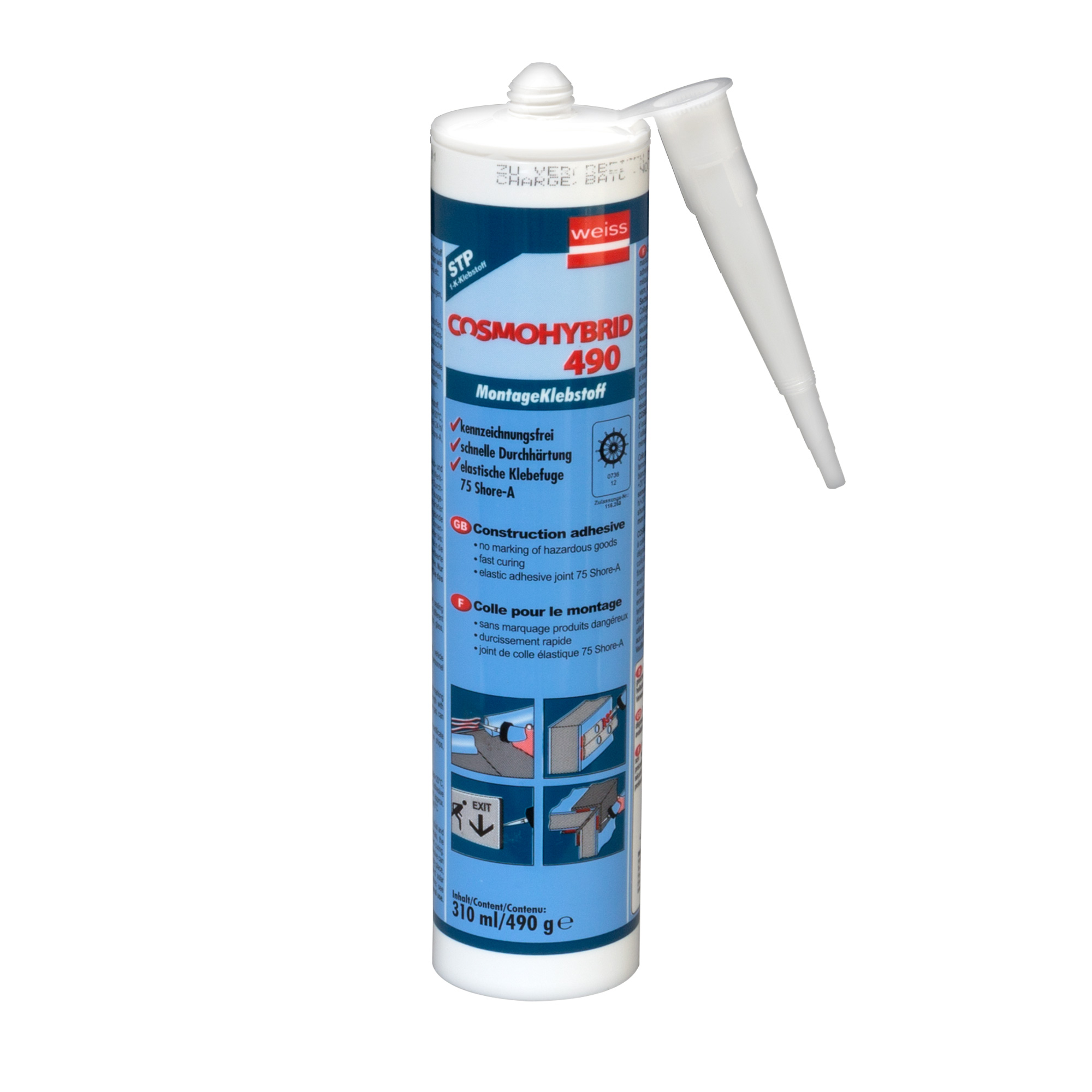 Kartusche mit COSMOHYBRID 490 1-K-STP-Montageklebstoff, 310 ml, mit Applikationsdüse