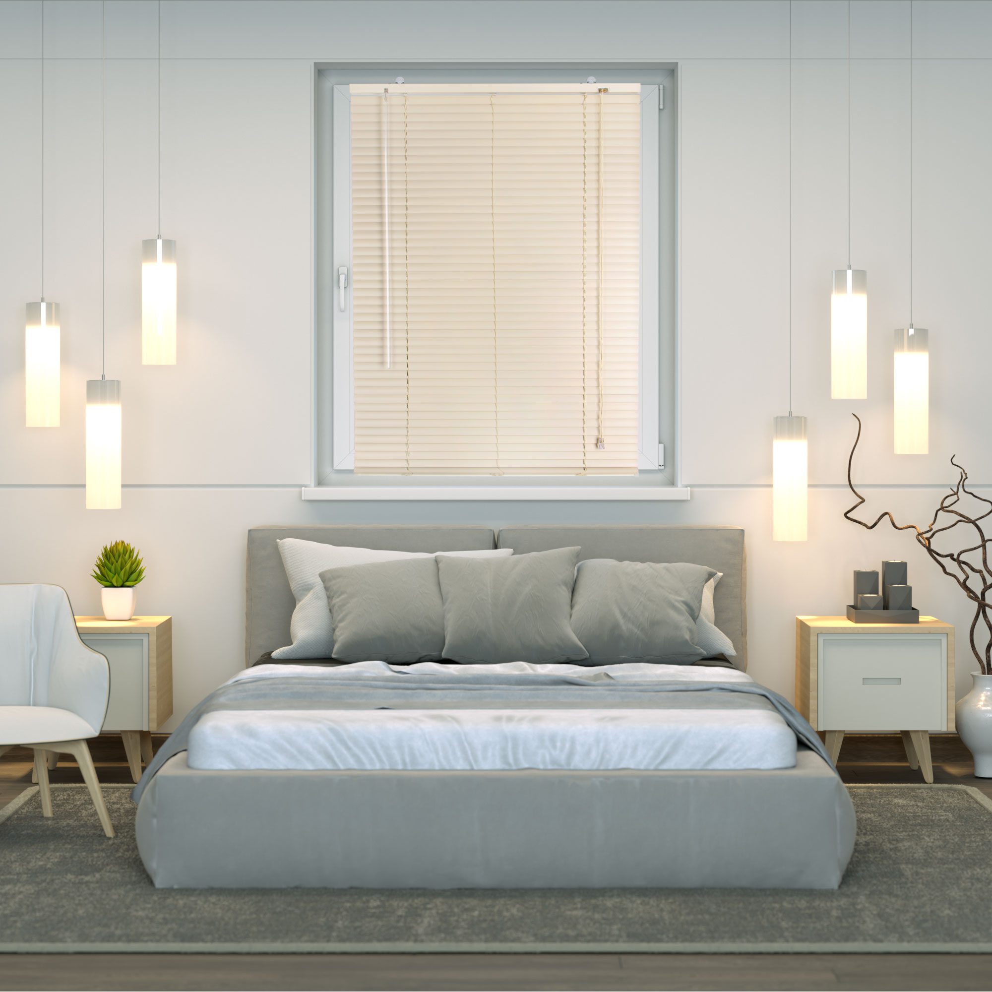 Aluminium Jalousie an einem Fenster in einem modern eingerichteten Schlafzimmer