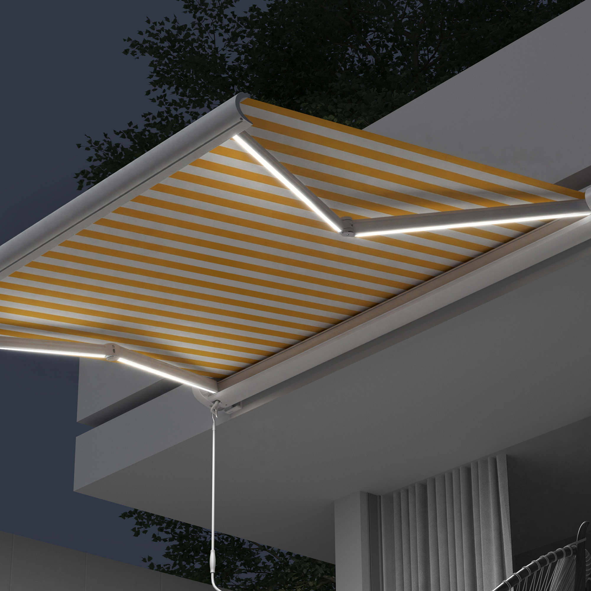 Kassettenmarkise Curve LED | 4,5 x 3,5 m, weiß, Stoff: gelb-weiß, Blockstreifen