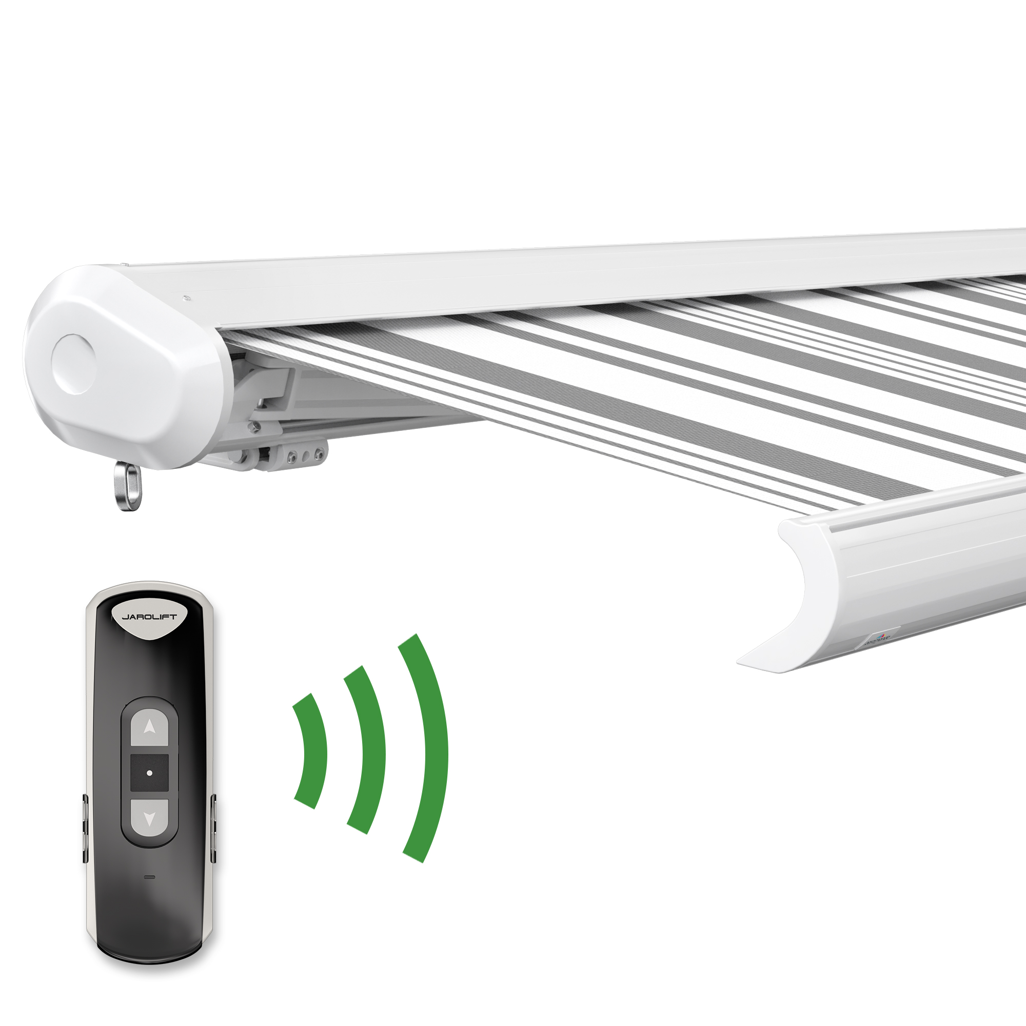 Kassettenmarkise mit Fernbedienung, zeigt Tuch und Gehäuse der Markise