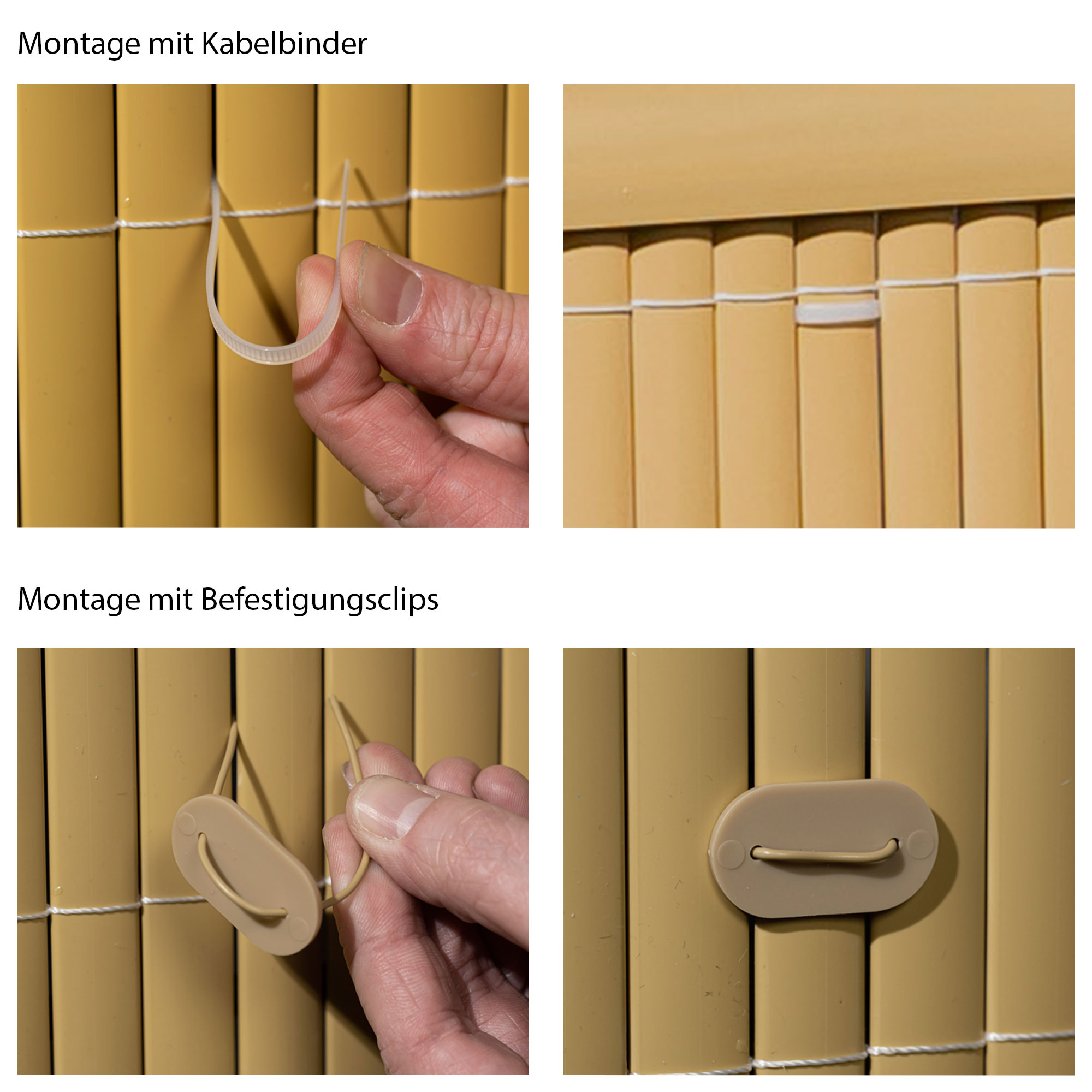 PVC Sichtschutzmatte mit Kabelbindern und Befestigungsclips montiert