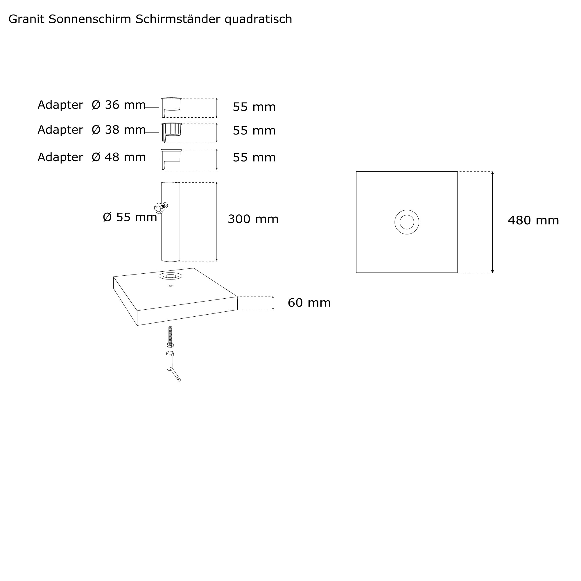 Quadratischer Granit-Sonnenschirmständer mit Metallrohr und Feststellschraube