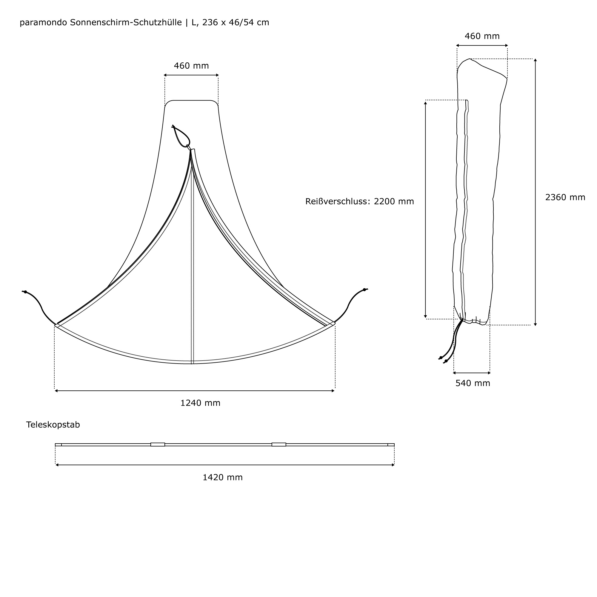 Technische Zeichnung einer Schutzhülle für Sonnenschirme mit Reißverschluss und Teleskopstab